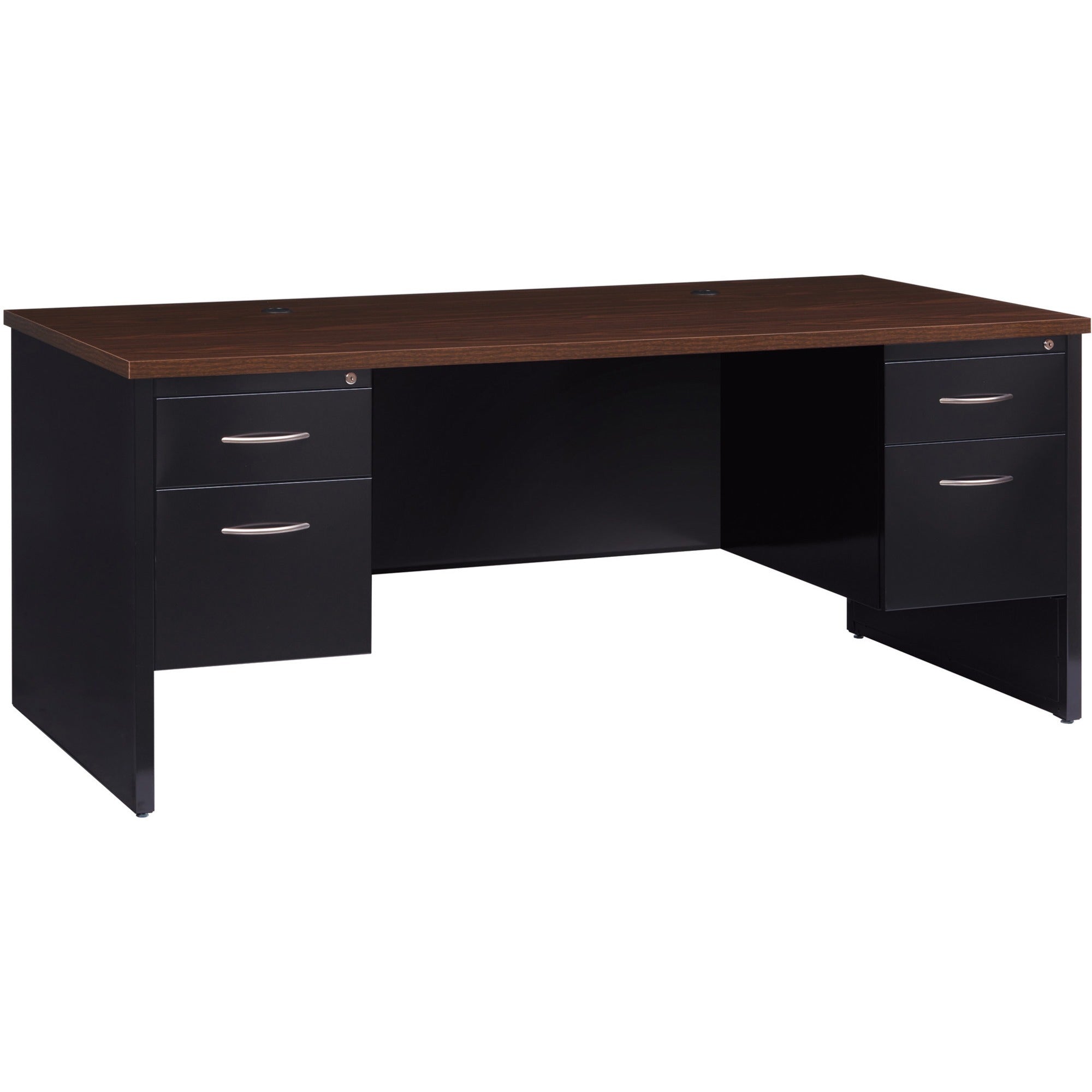 Lorell Fortress Modular Series Double-Pedestal Desk, 72" x 36" x 1.1" Top, 2 Drawers, Steel, Walnut Laminate/Black Finish, Scratch & Stain Resistant, Ball-Bearing Suspension, Cord Management, 1 Each