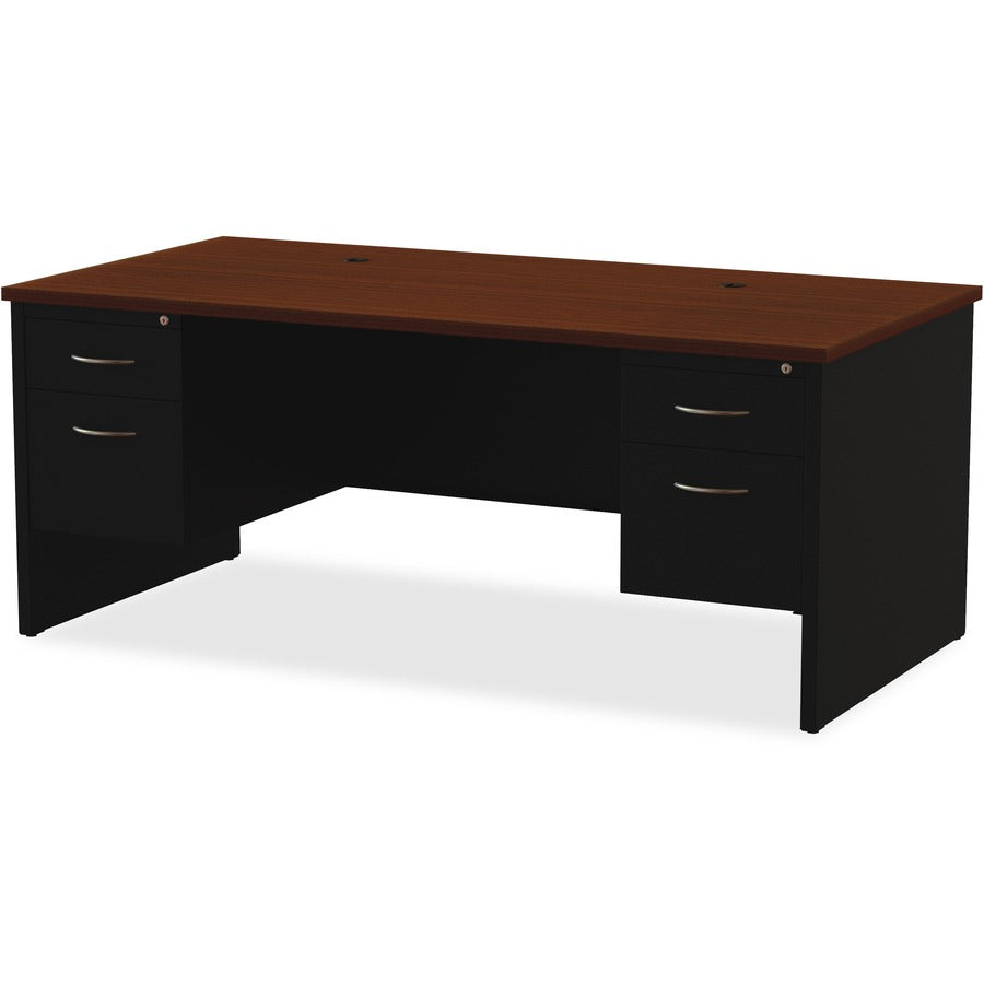 Lorell Fortress Modular Series Double-Pedestal Desk, 72" x 36" x 1.1" Top, 2 Drawers, Steel, Walnut Laminate/Black Finish, Scratch & Stain Resistant, Ball-Bearing Suspension, Cord Management, 1 Each