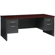 Lorell Fortress Modular Series Double-Pedestal Desk, 72" x 36" x 1.1" Top, 2 Drawers, Steel, Mahogany Laminate/Charcoal Finish, Scratch & Stain Resistant, Ball-bearing Suspension, Cord Management, 1 Each