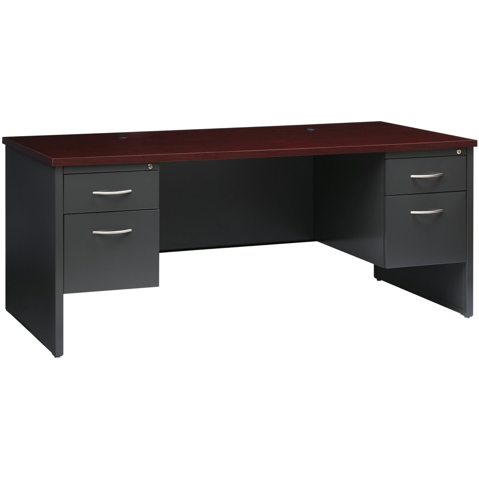 Lorell Fortress Modular Series Double-Pedestal Desk, 72" x 36" x 1.1" Top, 2 Drawers, Steel, Mahogany Laminate/Charcoal Finish, Scratch & Stain Resistant, Ball-bearing Suspension, Cord Management, 1 Each