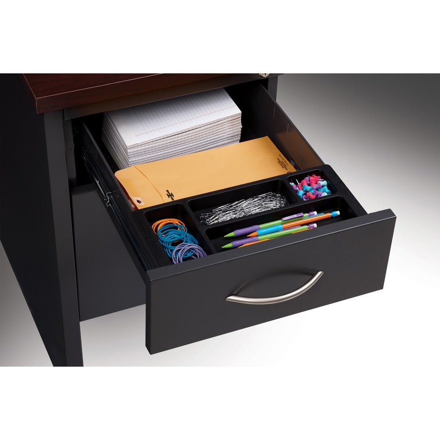 Lorell Fortress Modular Series Double-Pedestal Desk, 72" x 36" x 1.1" Top, 2 Drawers, Steel, Mahogany Laminate/Charcoal Finish, Scratch & Stain Resistant, Ball-bearing Suspension, Cord Management, 1 Each