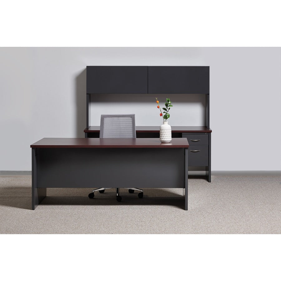 Lorell Fortress Modular Series Double-Pedestal Desk, 72" x 36" x 1.1" Top, 2 Drawers, Steel, Mahogany Laminate/Charcoal Finish, Scratch & Stain Resistant, Ball-bearing Suspension, Cord Management, 1 Each