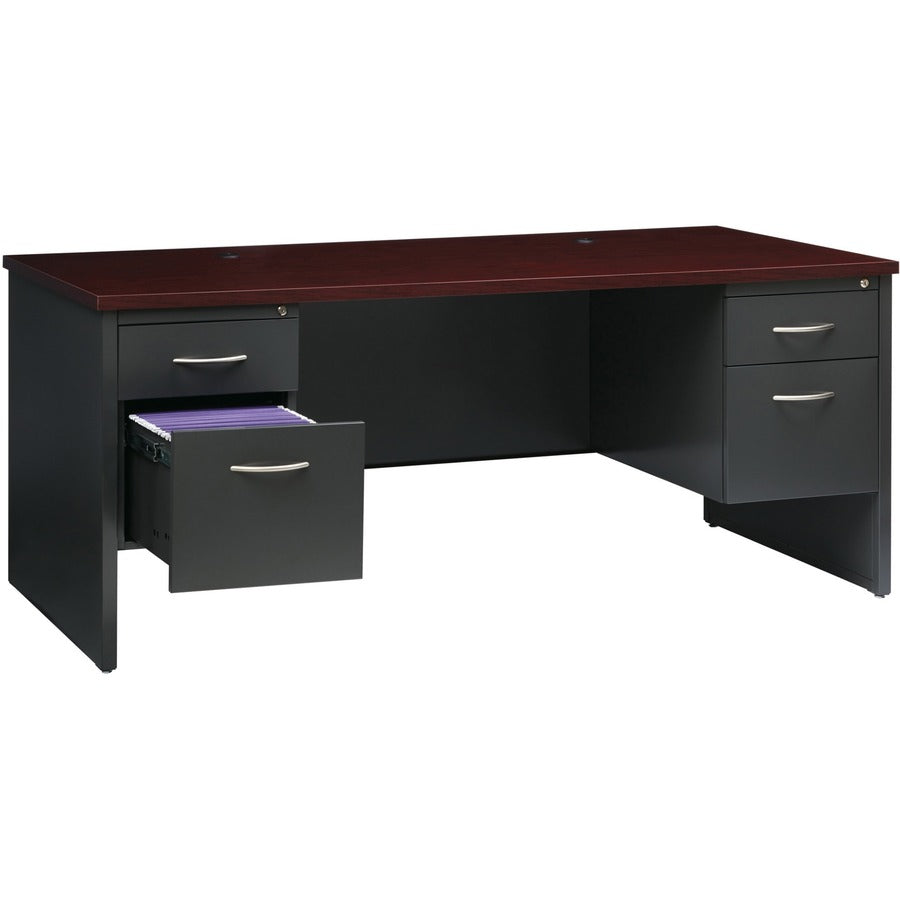 Lorell Fortress Modular Series Double-Pedestal Desk, 72" x 36" x 1.1" Top, 2 Drawers, Steel, Mahogany Laminate/Charcoal Finish, Scratch & Stain Resistant, Ball-bearing Suspension, Cord Management, 1 Each