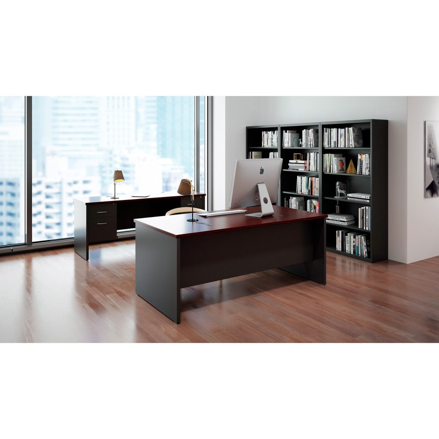 Lorell Fortress Modular Series Double-Pedestal Desk, 72" x 36" x 1.1" Top, 2 Drawers, Steel, Mahogany Laminate/Charcoal Finish, Scratch & Stain Resistant, Ball-bearing Suspension, Cord Management, 1 Each
