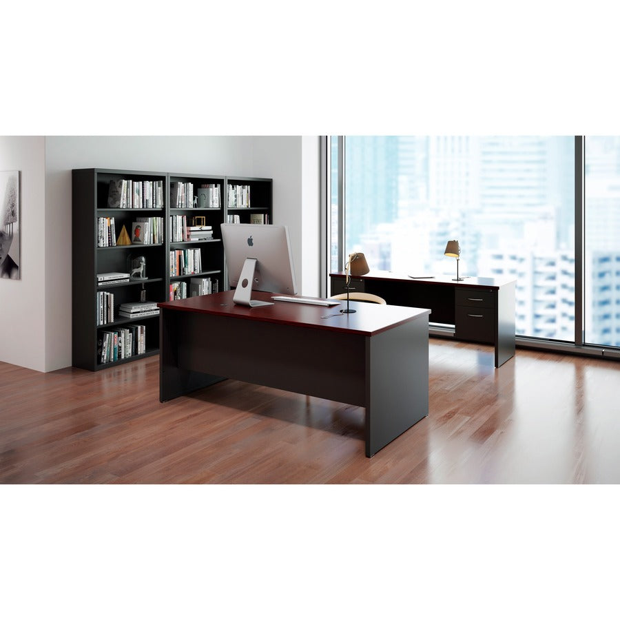Lorell Fortress Modular Series Double-Pedestal Desk, 72" x 36" x 1.1" Top, 2 Drawers, Steel, Mahogany Laminate/Charcoal Finish, Scratch & Stain Resistant, Ball-bearing Suspension, Cord Management, 1 Each