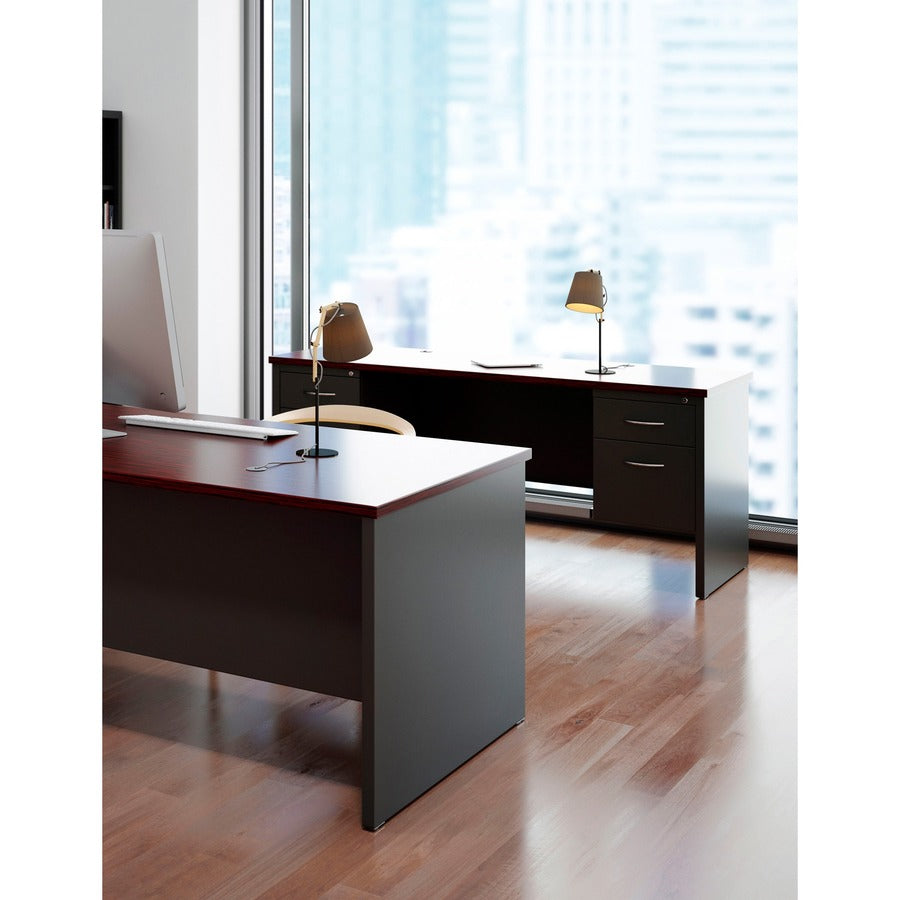 Lorell Fortress Modular Series Double-Pedestal Desk, 72" x 36" x 1.1" Top, 2 Drawers, Steel, Mahogany Laminate/Charcoal Finish, Scratch & Stain Resistant, Ball-bearing Suspension, Cord Management, 1 Each