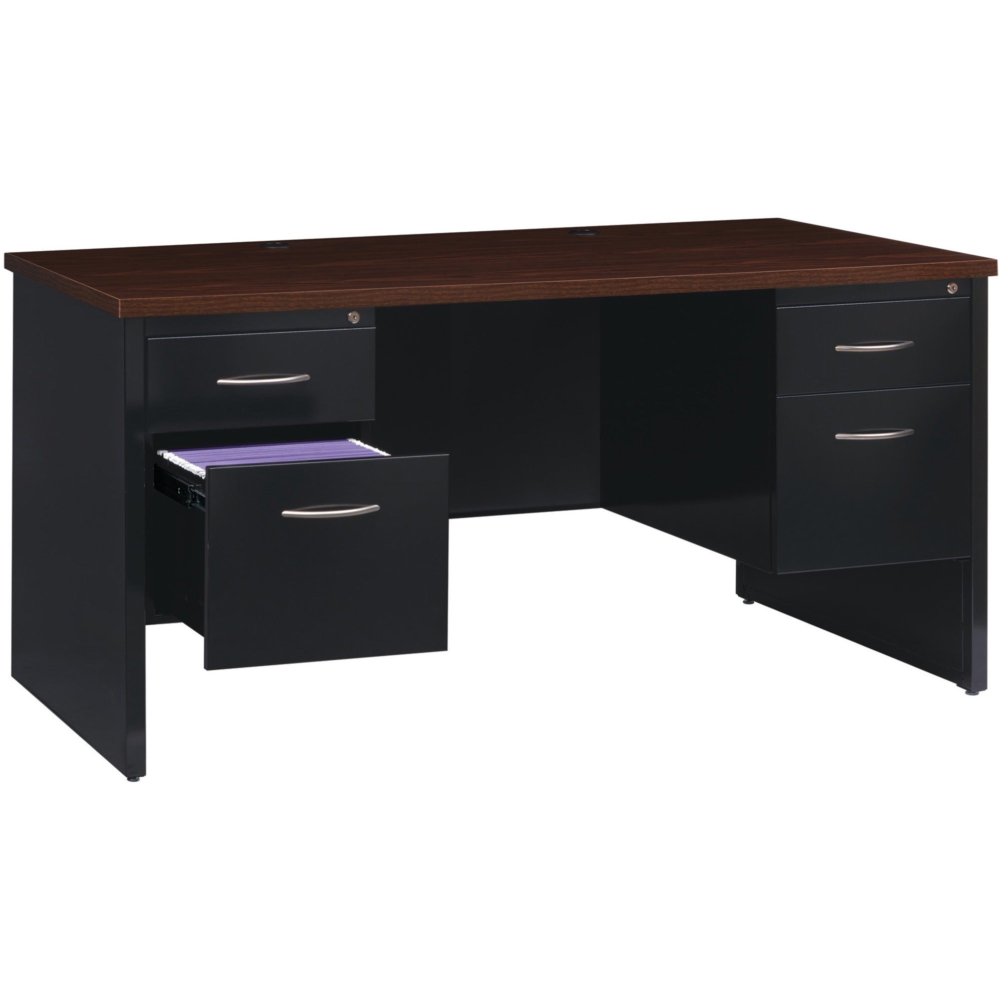 Lorell Fortress Modular Series Double-Pedestal Desk, 60" x 30" x 1.1" Top, 4 Drawers, Steel, Walnut Laminate/Black Finish, Scratch & Stain Resistant, Ball-Bearing Suspension, Cord Management, 1 Each