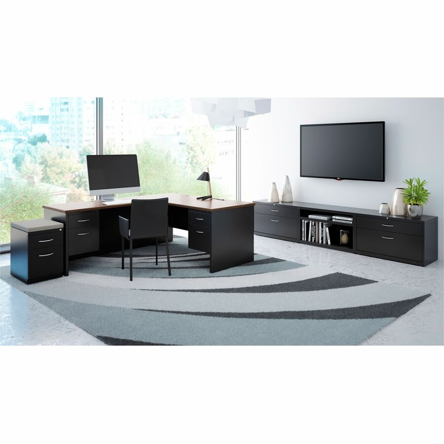 Lorell Fortress Modular Series Double-Pedestal Desk, 60" x 30" x 1.1" Top, 4 Drawers, Steel, Walnut Laminate/Black Finish, Scratch & Stain Resistant, Ball-Bearing Suspension, Cord Management, 1 Each