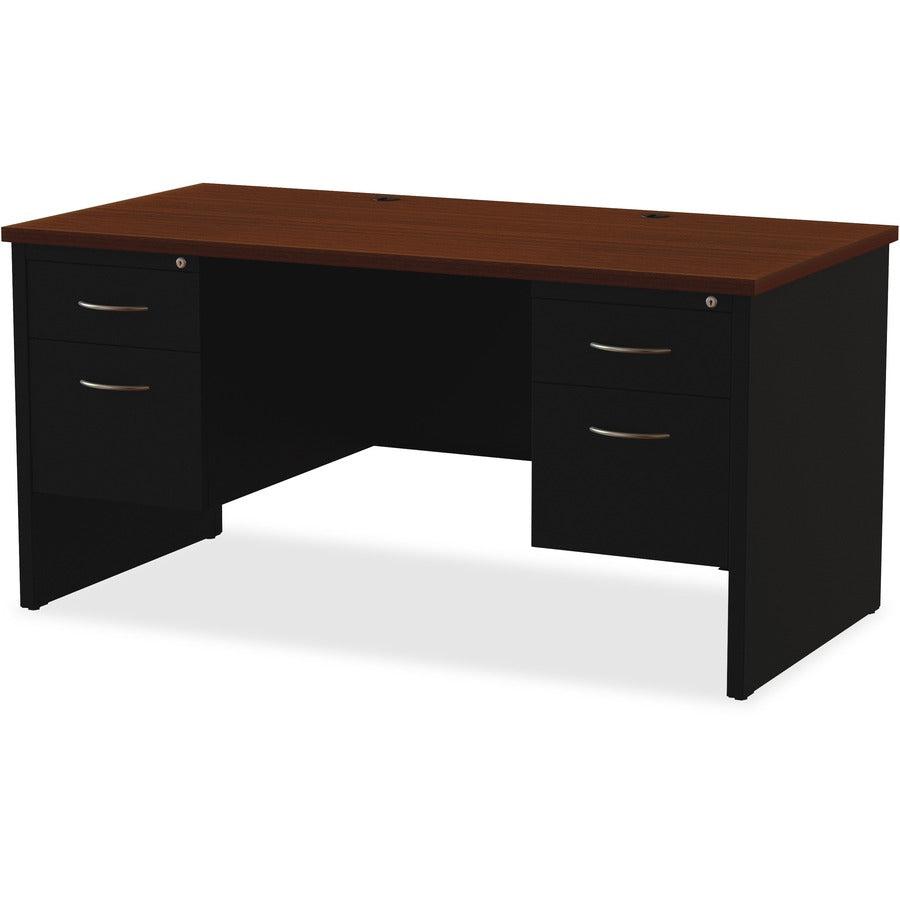 Lorell Fortress Modular Series Double-Pedestal Desk, 60" x 30" x 1.1" Top, 4 Drawers, Steel, Walnut Laminate/Black Finish, Scratch & Stain Resistant, Ball-Bearing Suspension, Cord Management, 1 Each