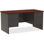 Lorell Fortress Modular Series Double-Pedestal Desk, 60" x 30" x 1.1" Top, 2 Drawers, Steel, Mahogany Laminate/Charcoal Finish, Scratch & Stain Resistant, Ball-Bearing Suspension, Cord Management, 1 Each