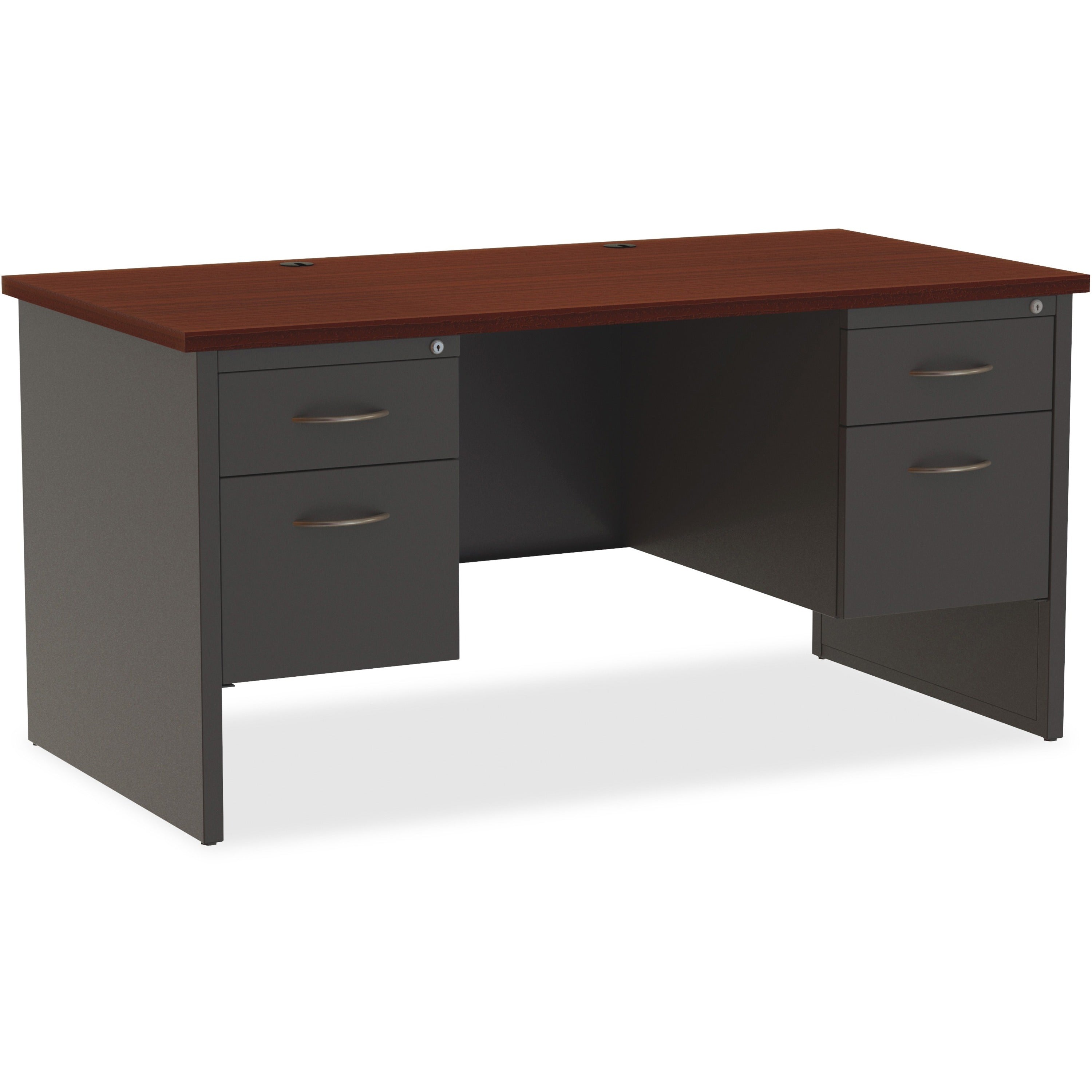 Lorell Fortress Modular Series Double-Pedestal Desk, 60" x 30" x 1.1" Top, 2 Drawers, Steel, Mahogany Laminate/Charcoal Finish, Scratch & Stain Resistant, Ball-Bearing Suspension, Cord Management, 1 Each