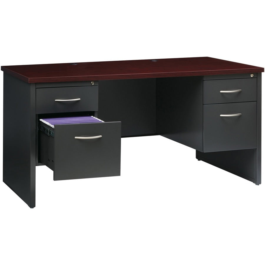 Lorell Fortress Modular Series Double-Pedestal Desk, 60" x 30" x 1.1" Top, 2 Drawers, Steel, Mahogany Laminate/Charcoal Finish, Scratch & Stain Resistant, Ball-Bearing Suspension, Cord Management, 1 Each