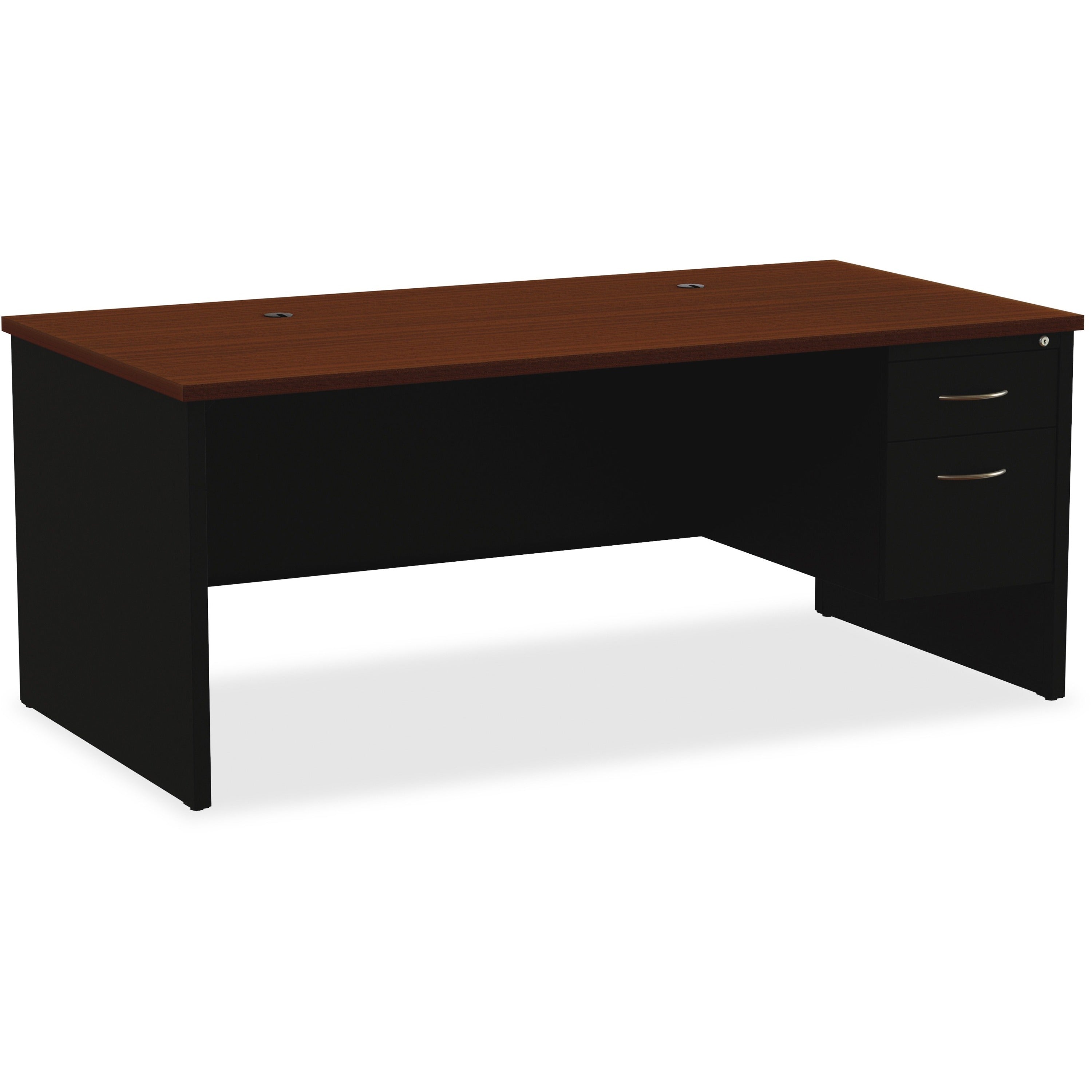 Lorell Fortress Modular Series Right-Pedestal Desk, 72" x 36", 1.1" Top, 2 Drawers, Single Right Pedestal, Steel, Walnut Laminate/Black Finish, 1 Each