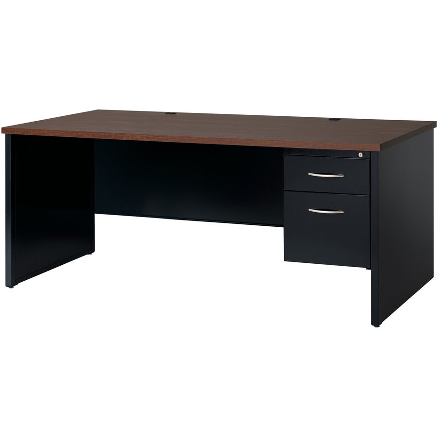 Lorell Fortress Modular Series Right-Pedestal Desk, 72" x 36", 1.1" Top, 2 Drawers, Single Right Pedestal, Steel, Walnut Laminate/Black Finish, 1 Each