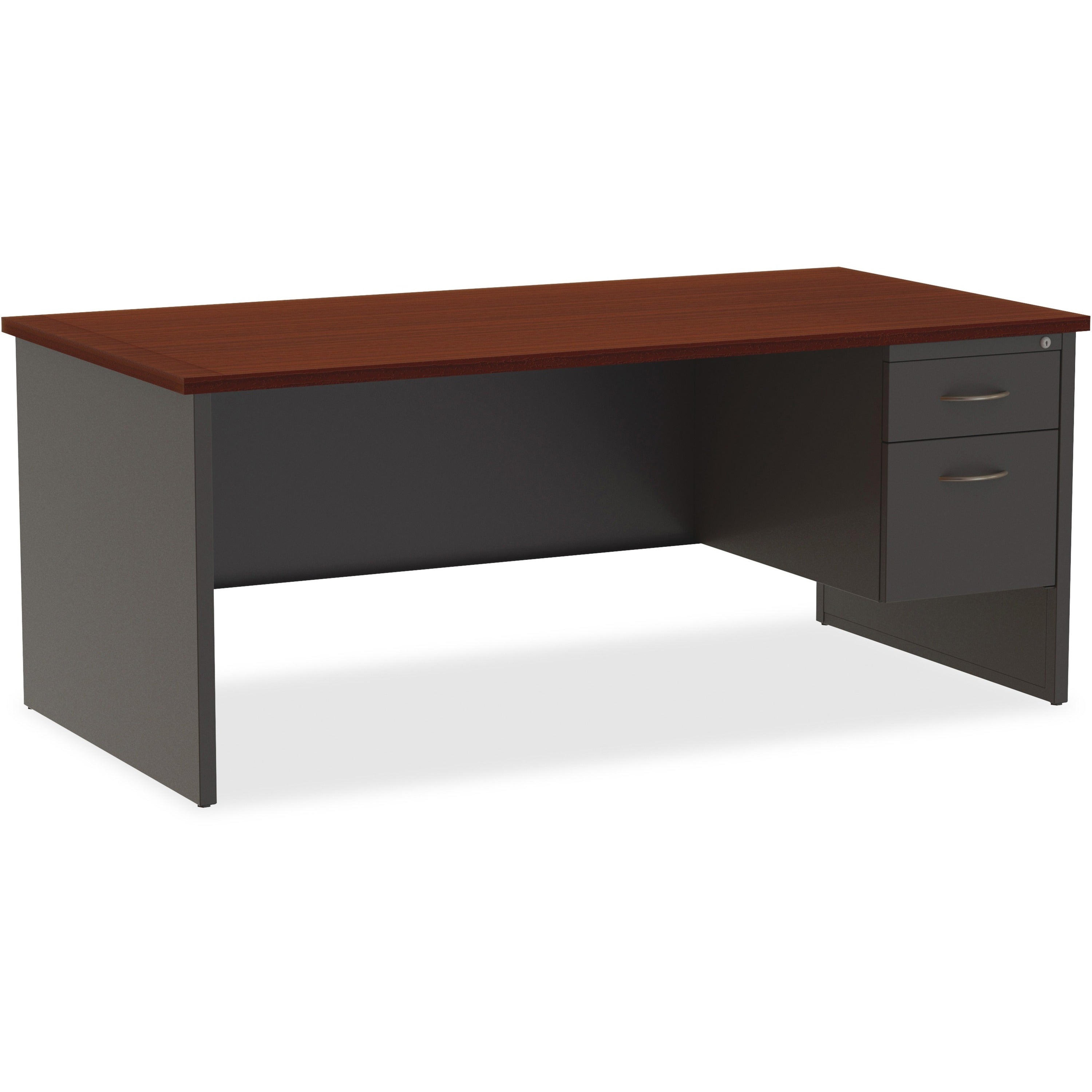 Lorell Fortress Modular Series Right-Pedestal Desk, 72" x 36" x 1.1" Top, 2 Drawers, Single Right Pedestal, Steel, Mahogany Laminate/Charcoal Finish, 1 Each