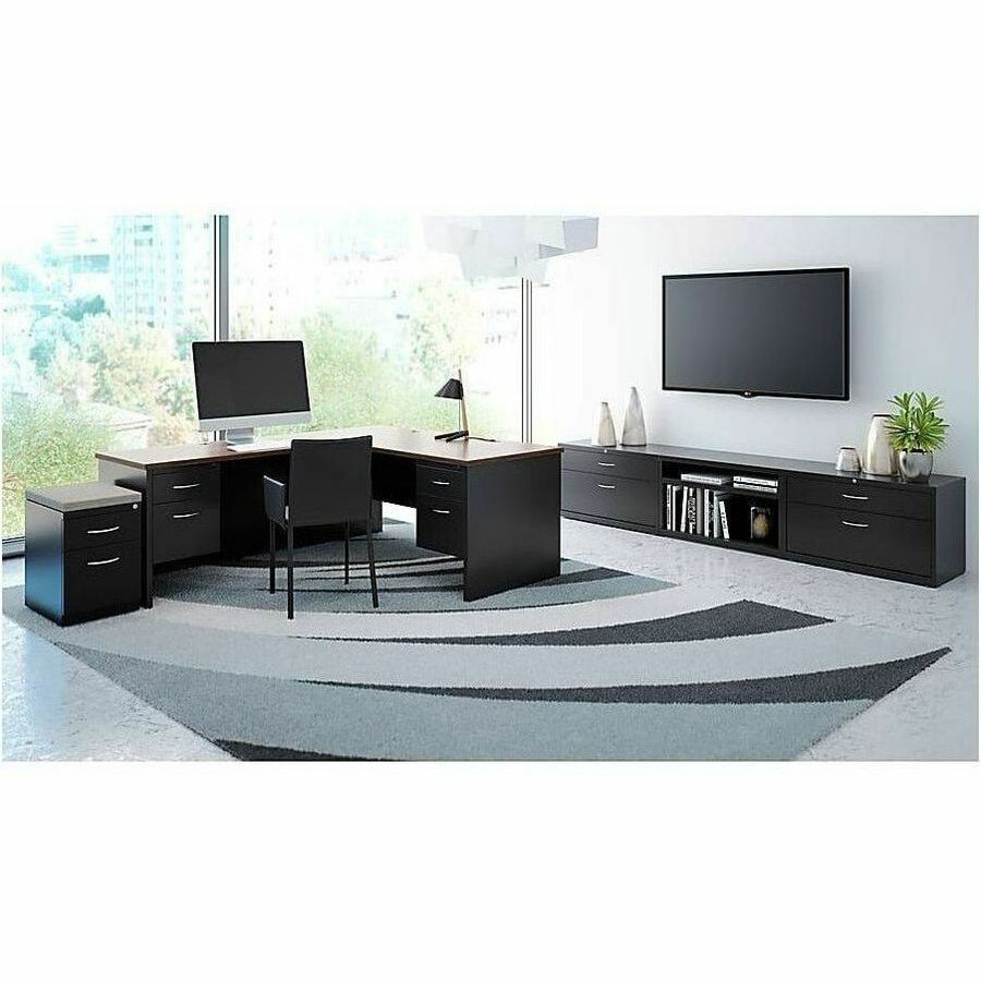 Lorell Modular 48"W x 30"D Right Pedestal Desk, Black/Walnut