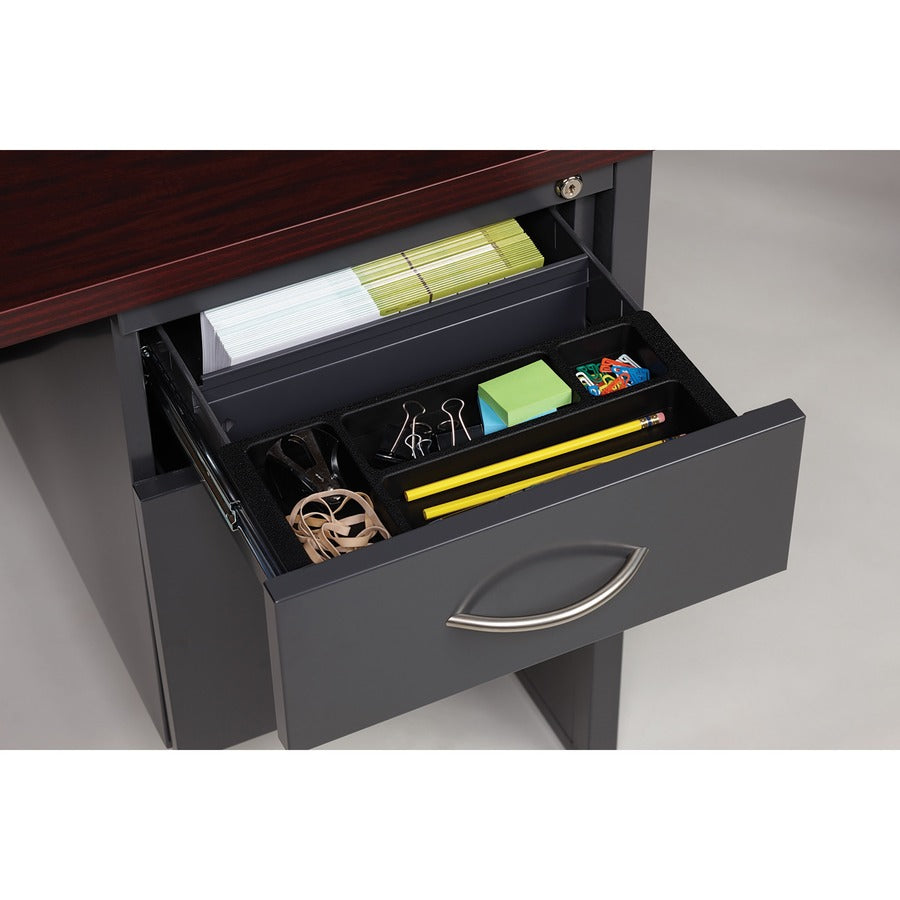 Lorell Fortress Modular Series Right-Pedestal Desk, 48" x 30", 2 Drawers, Steel, Mahogany Laminate/Charcoal Finish, Single Pedestal Right, 1 Each