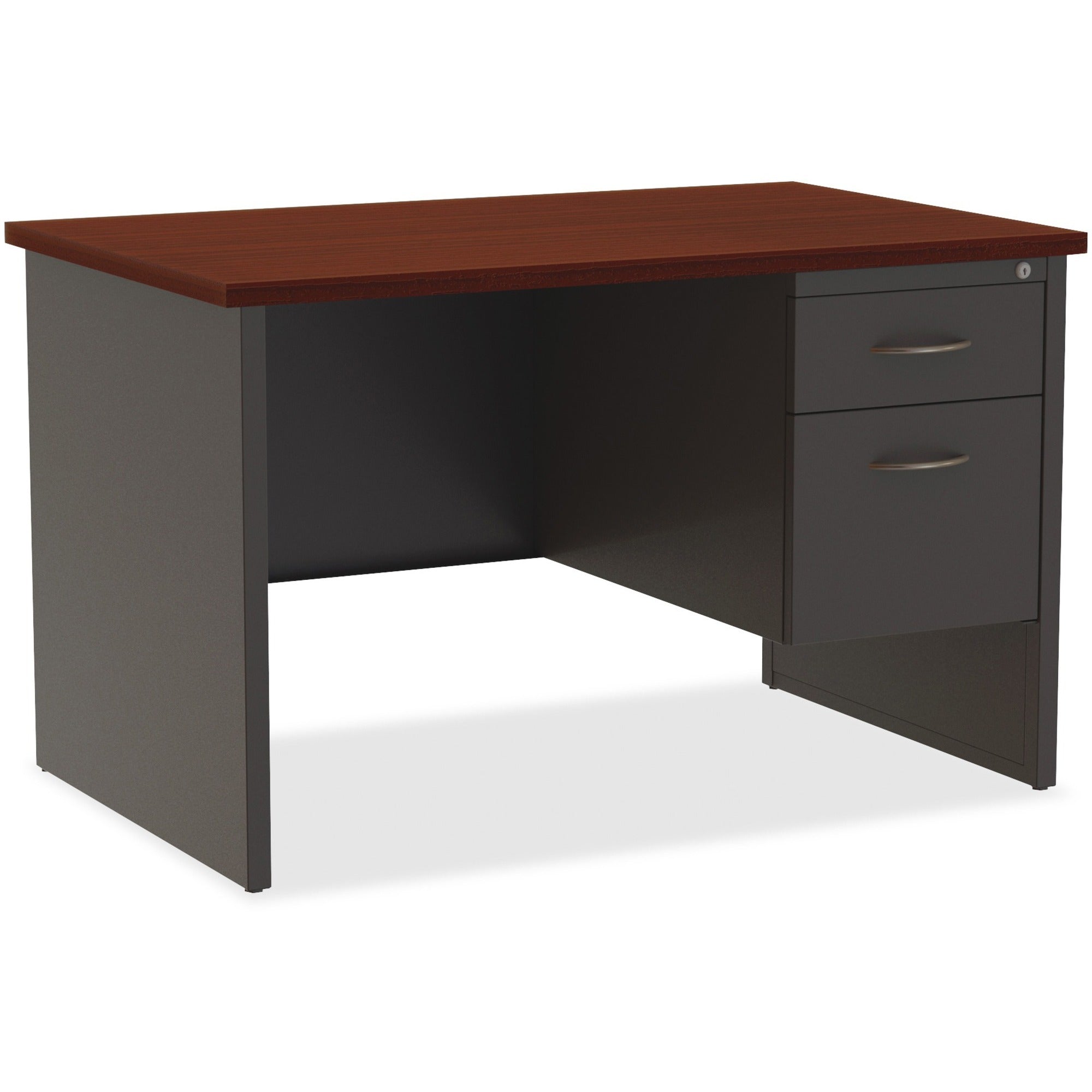 Lorell Fortress Modular Series Right-Pedestal Desk, 48" x 30", 2 Drawers, Steel, Mahogany Laminate/Charcoal Finish, Single Pedestal Right, 1 Each