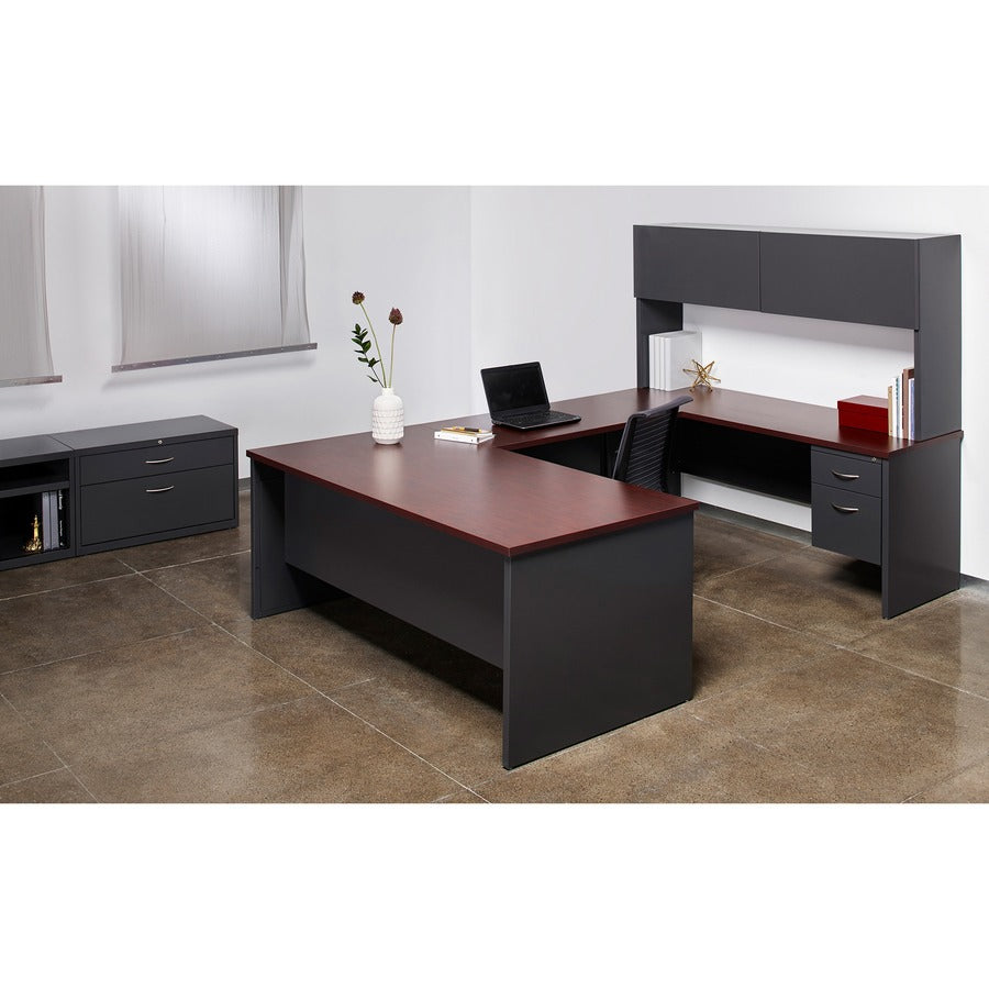 Lorell Fortress Modular Series Left-Pedestal Desk, 72" x 36", 1.1" Top, 2 Drawers, Single Left Pedestal, Steel, Mahogany Laminate/Charcoal Finish, 1 Each