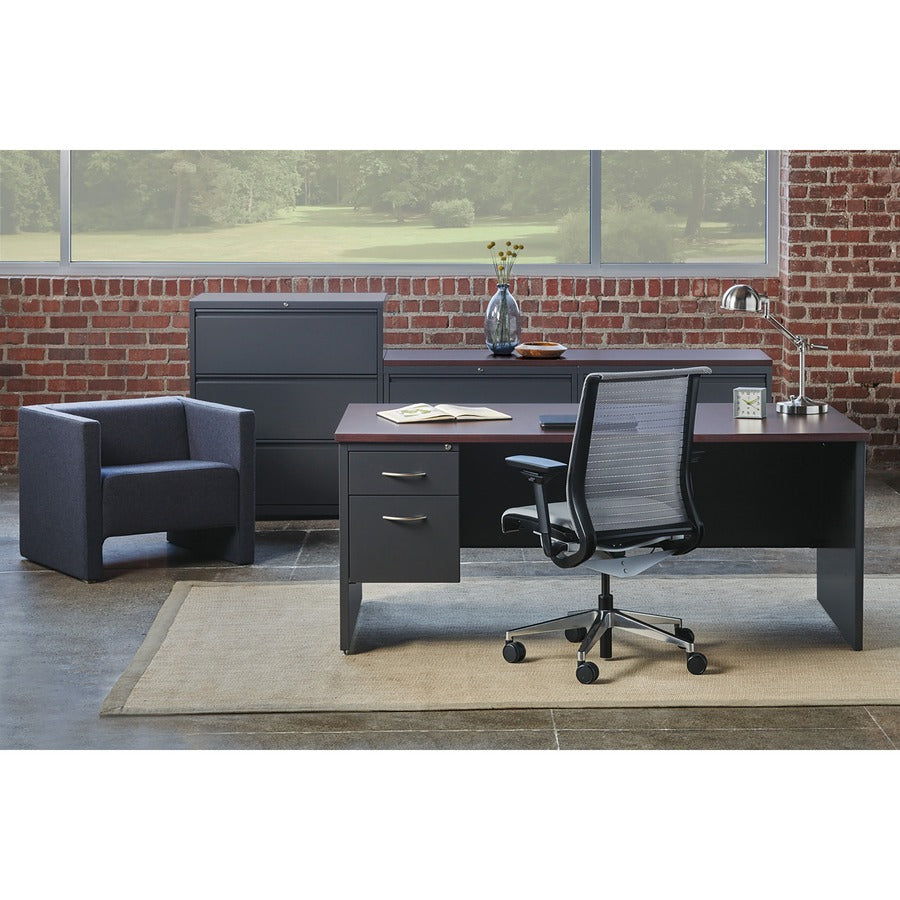 Lorell Fortress Modular Series Left-Pedestal Desk, 72" x 36", 1.1" Top, 2 Drawers, Single Left Pedestal, Steel, Mahogany Laminate/Charcoal Finish, 1 Each
