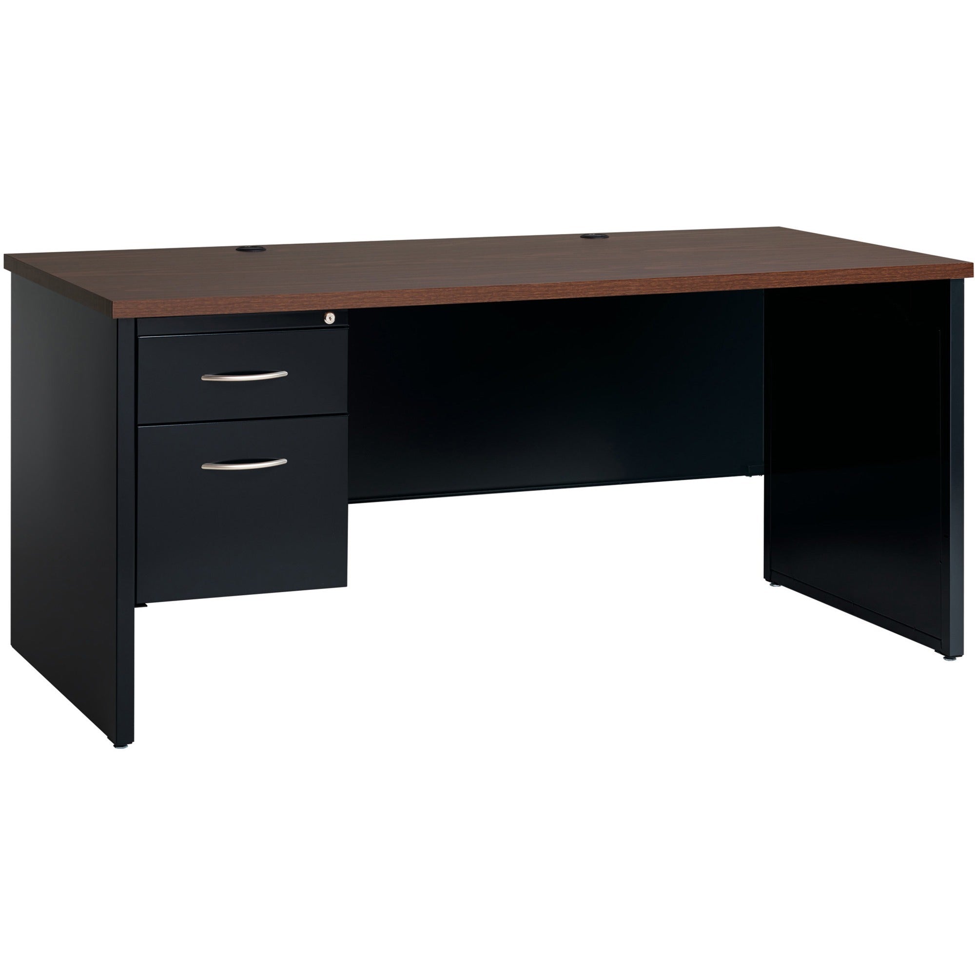 Lorell Fortress Modular Series Left-Pedestal Desk, 66" x 30" x 1.1" Top, 2 Drawers, Single Left Pedestal, Steel, Walnut Laminate/Black Finish, 1 Each