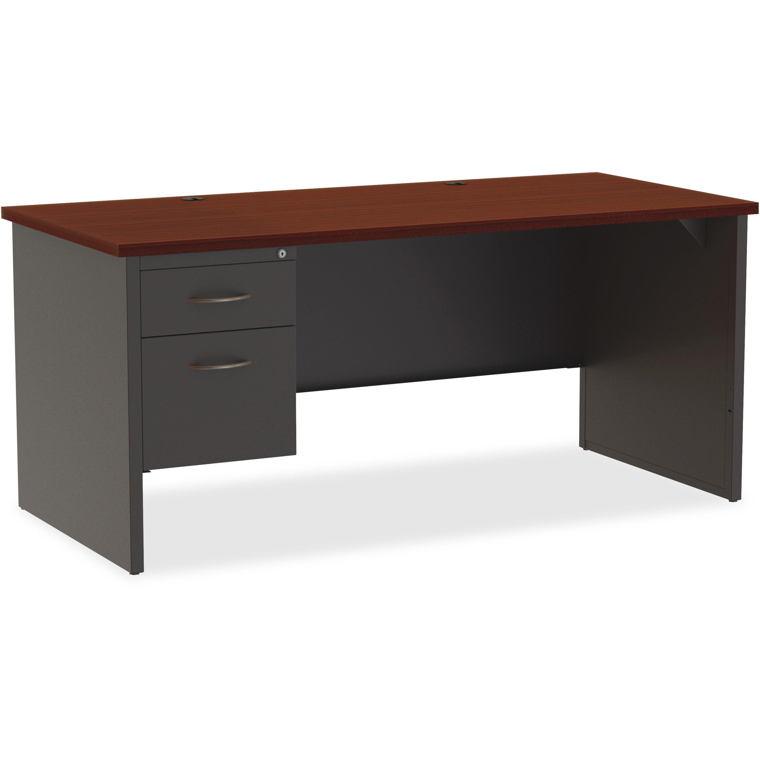 Lorell Fortress Modular Series Left-Pedestal Desk, 66" x 30" x 1.1" Top, 2 Drawers, Single Left Pedestal, Steel, Mahogany Laminate/Charcoal Finish, 1 Each