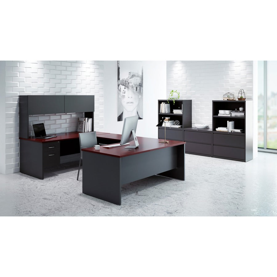 Lorell Fortress Modular Series Left-Pedestal Desk, 66" x 30" x 1.1" Top, 2 Drawers, Single Left Pedestal, Steel, Mahogany Laminate/Charcoal Finish, 1 Each