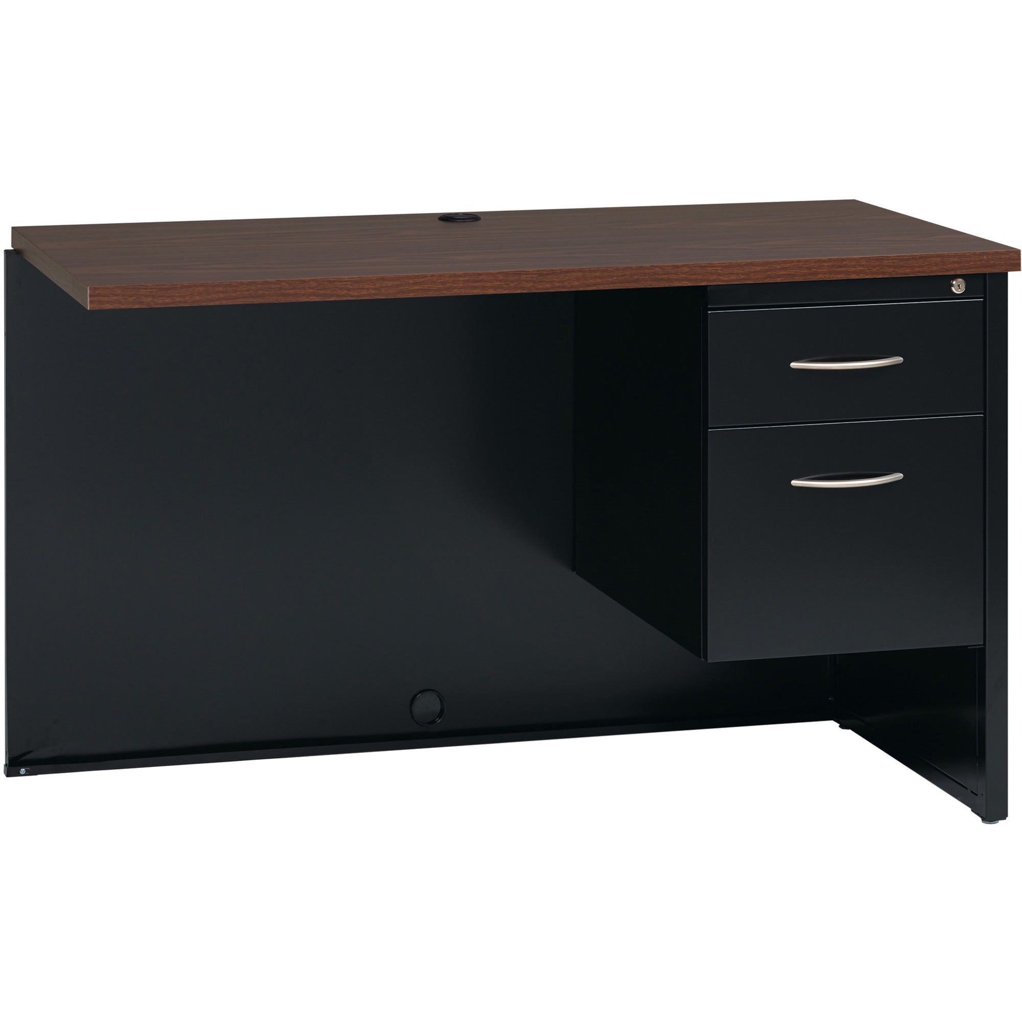 Lorell Fortress Modular Series Right Return, 48"W x 24"D x 1.1" Top, 2 Drawers, Single Pedestal Right, Steel, Walnut Laminate/Black Finish, 1 Each