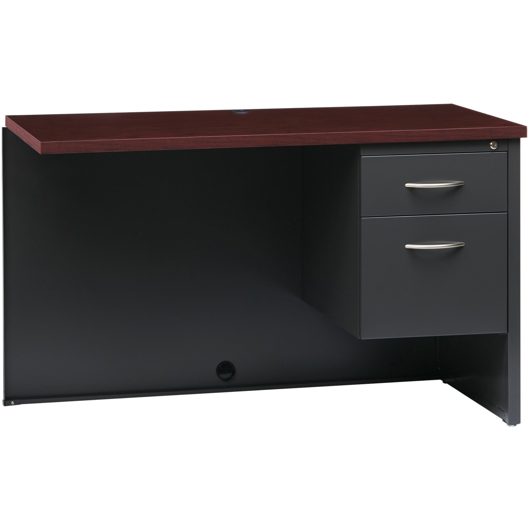 Lorell Fortress Modular Series Right Return, 48" x 24", 1.1" Top, 2 Drawers, Single Pedestal Right, Steel, Mahogany Laminate/Charcoal, 1 Each
