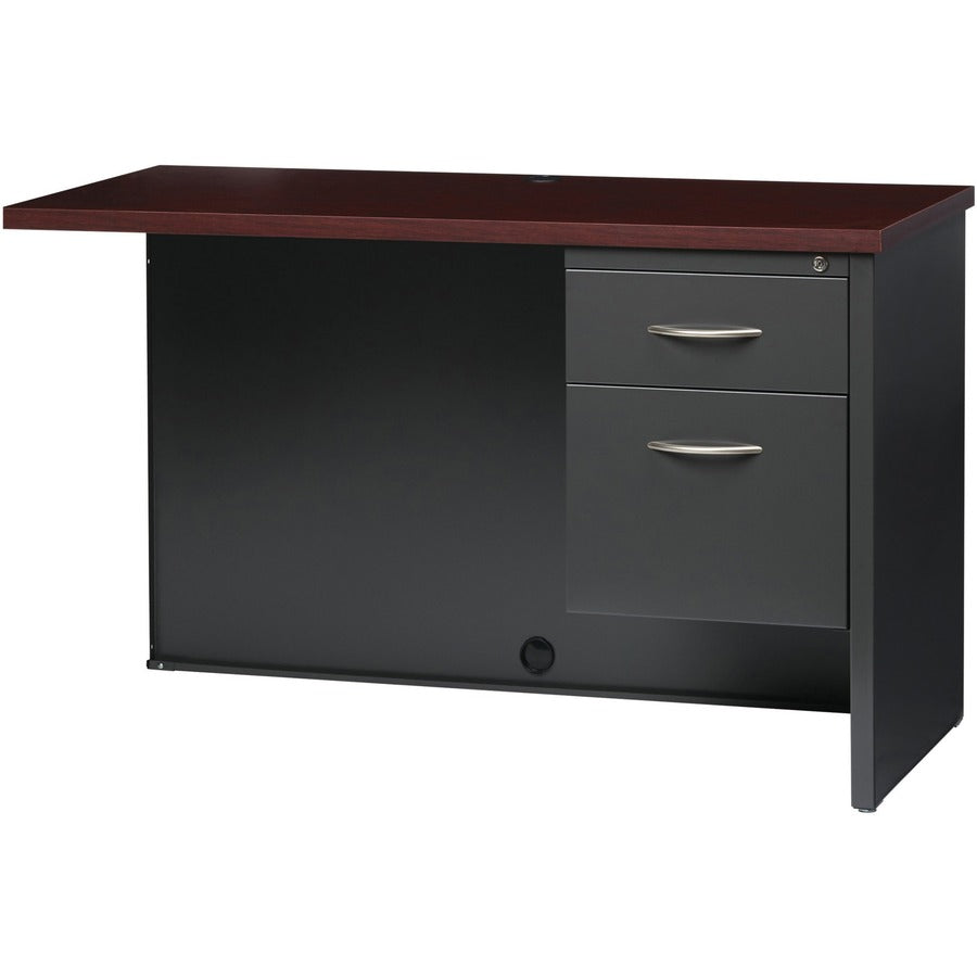 Lorell Fortress Modular Series Right Return, 48" x 24", 1.1" Top, 2 Drawers, Single Pedestal Right, Steel, Mahogany Laminate/Charcoal, 1 Each