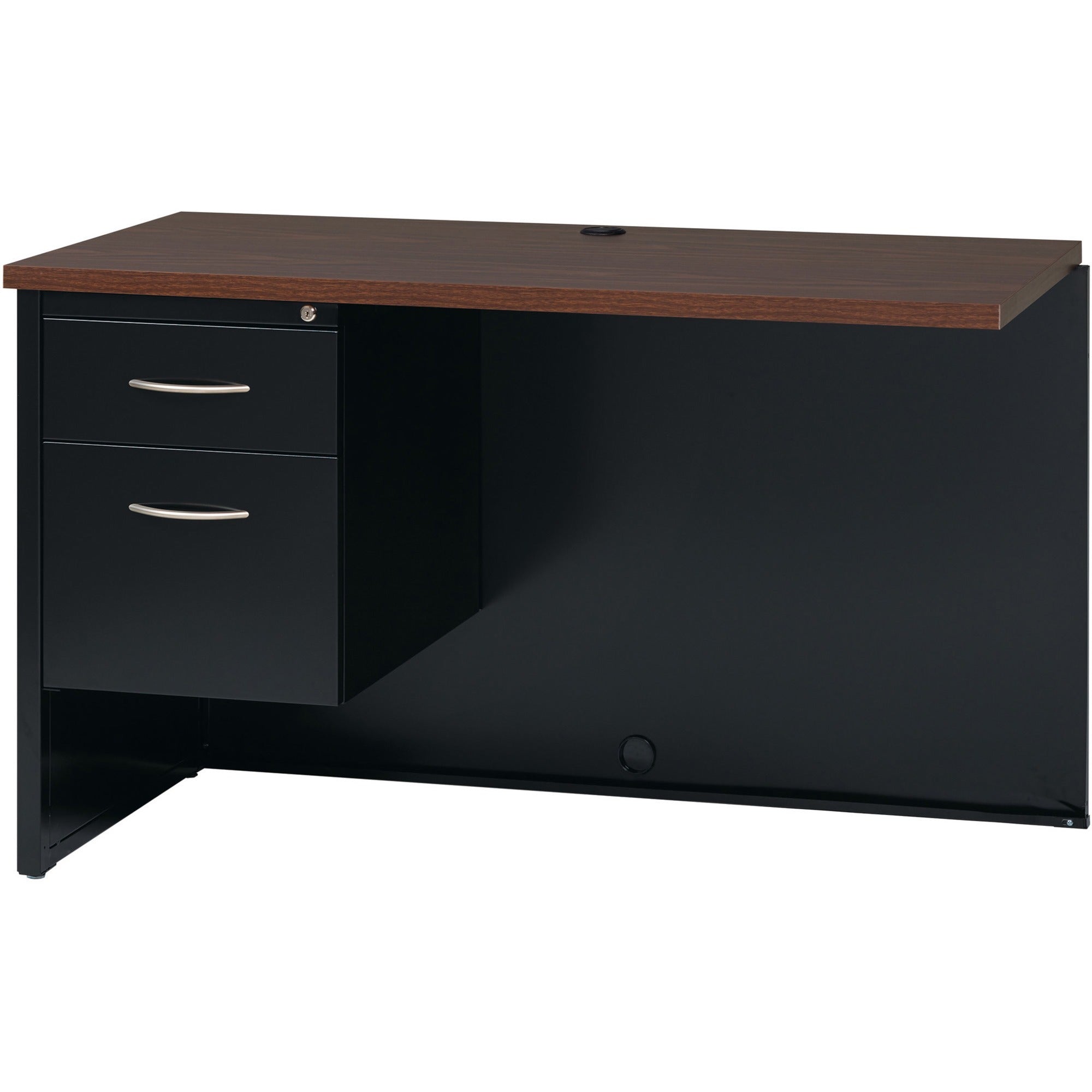 Lorell Fortress Modular Series Left Return, 48" x 24" x 1.1" Top, 2 Drawers, Single Left Pedestal, Steel, Walnut Laminate/Black Finish, Scratch & Stain Resistant, Ball-bearing Suspension, Cord Management, 1 Each