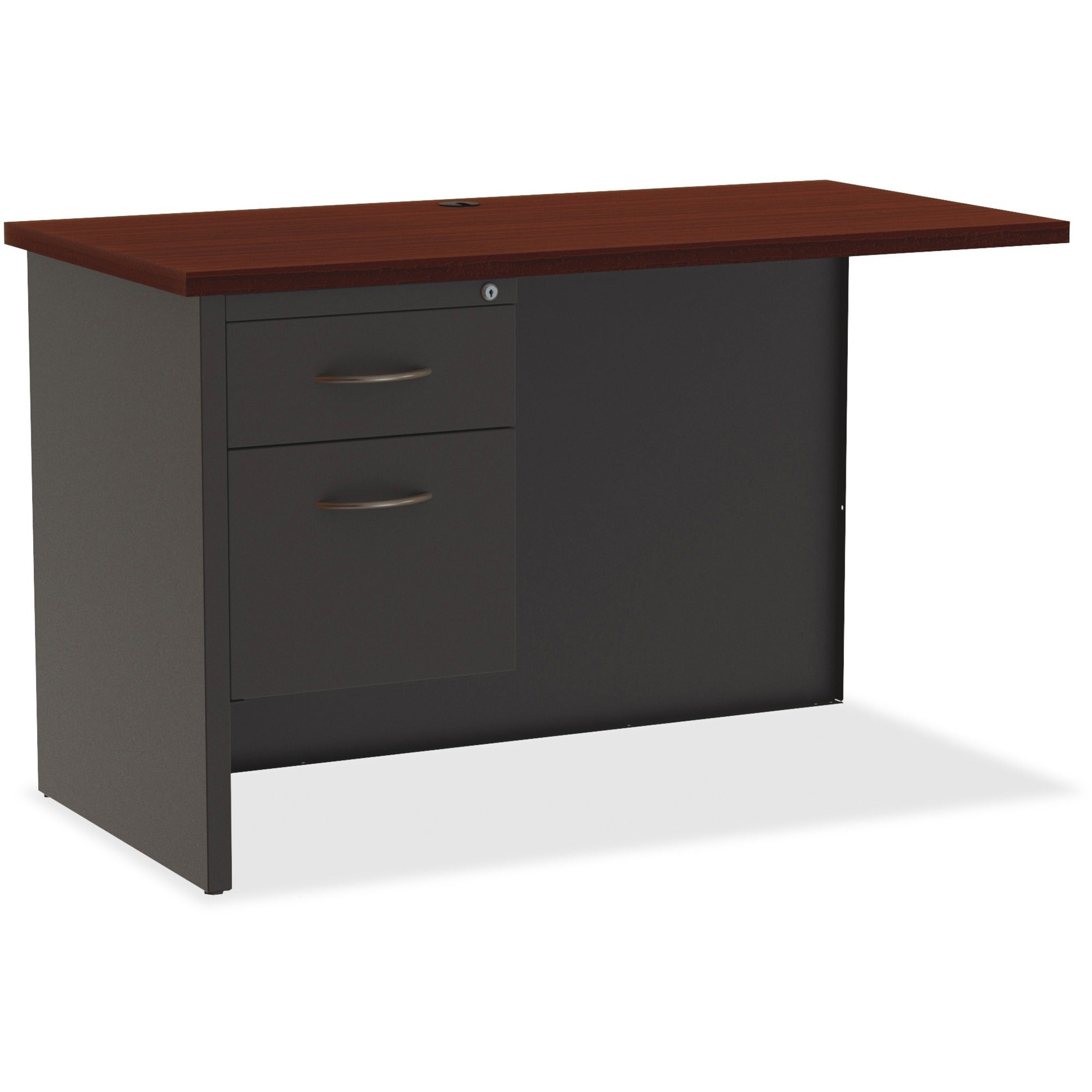 Lorell Fortress Modular Series Left Return, 48" x 24", 2 Drawers, Single Pedestal Left, Steel, Mahogany Laminate/Charcoal Finish, 1 Each