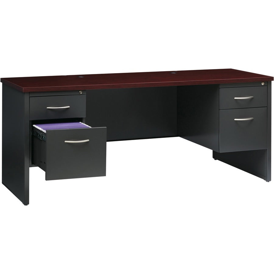 Lorell Fortress Modular Series Double-pedestal Credenza, 72"W x 24"D, Steel, Mahogany Laminate/Charcoal Finish, 2 Drawers, 1 Each