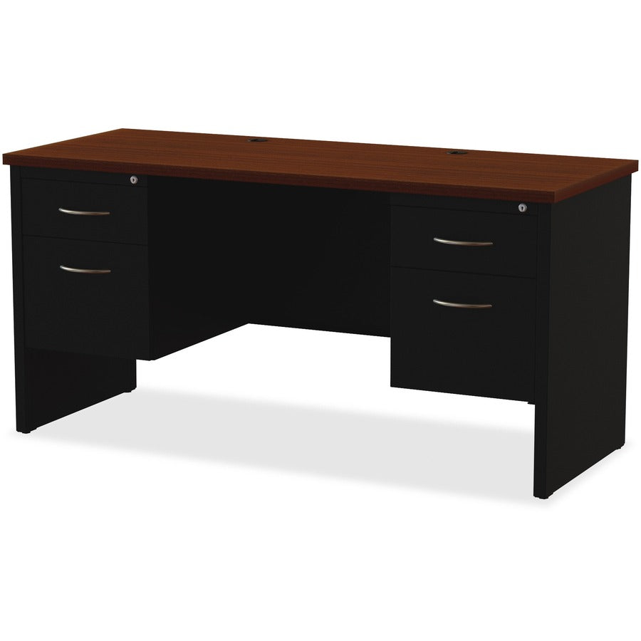 Lorell Fortress Modular Series Double-pedestal Credenza, 60" x 24" x 1.1" Top, 2 Drawers, Steel, Walnut Laminate/Black Finish, 1 Each