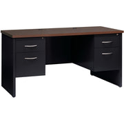 Lorell Fortress Modular Series Double-pedestal Credenza, 60" x 24" x 1.1" Top, 2 Drawers, Steel, Walnut Laminate/Black Finish, 1 Each
