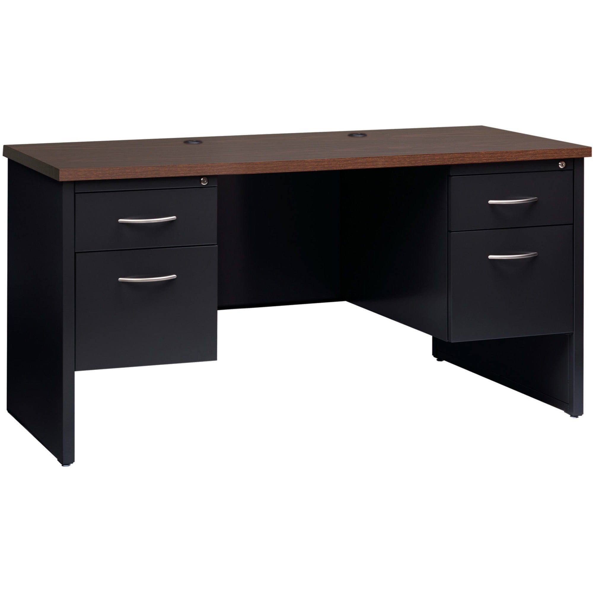 Lorell Fortress Modular Series Double-pedestal Credenza, 60" x 24" x 1.1" Top, 2 Drawers, Steel, Walnut Laminate/Black Finish, 1 Each