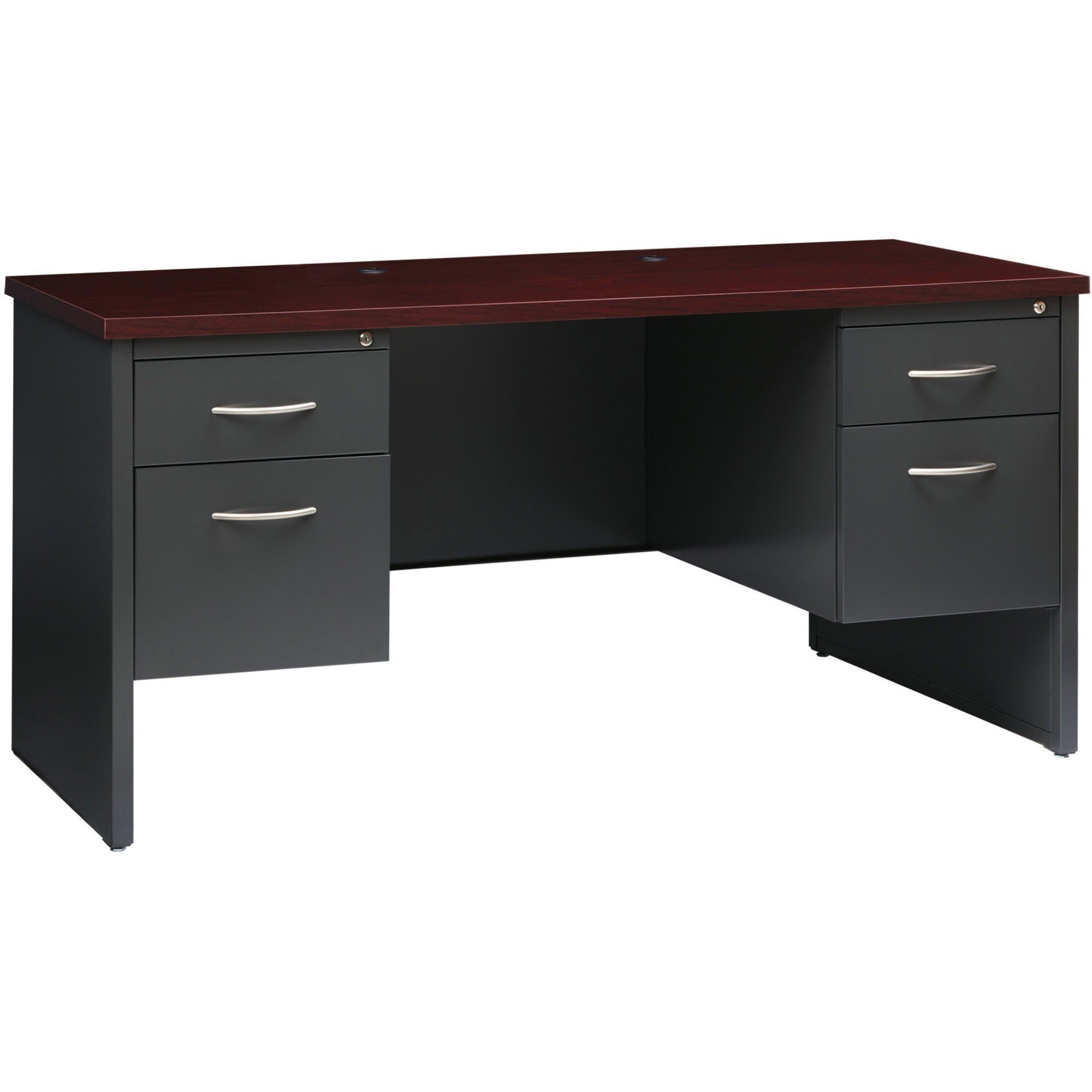 Lorell Fortress Modular Series Double-pedestal Credenza, 60"W x 24"D x 1.1" Top, 2 Drawers, Steel, Mahogany Laminate/Charcoal Finish, 1 Each