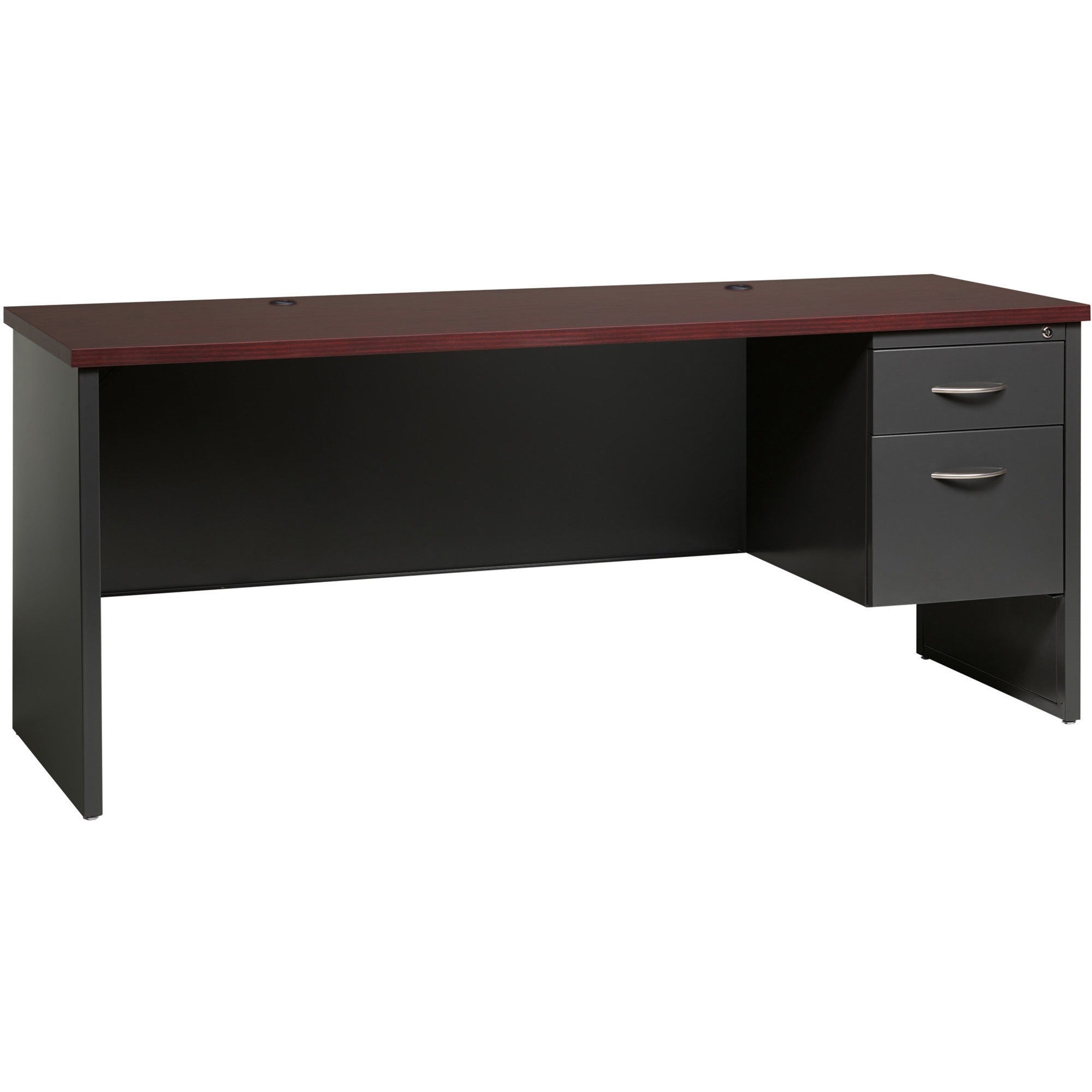 Lorell Fortress Modular Series Right-Pedestal Credenza, 72"W x 24"D x 1.1" Top, 2 Drawers, Steel, Mahogany Laminate/Charcoal Finish, Single Pedestal Right, 1 Each