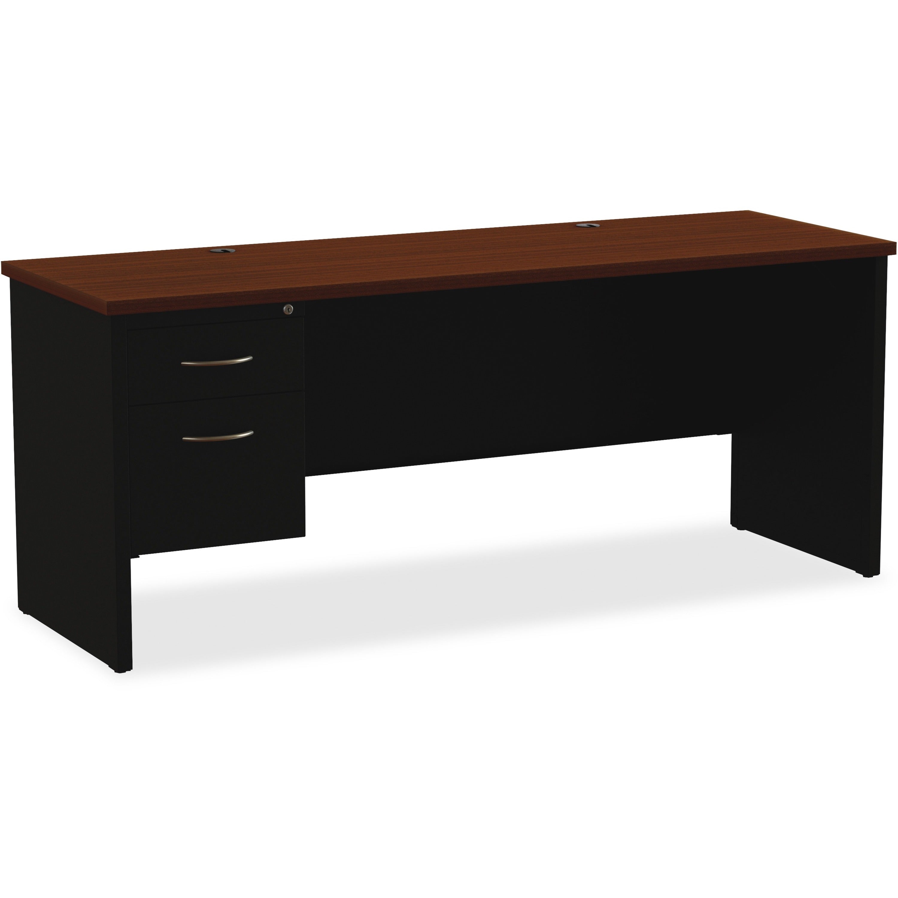 Lorell Fortress Modular Series Left-pedestal Credenza, 72" x 24", 1.1" Top, 2 Drawers, Single Left Pedestal, Steel, Walnut Laminate/Black Finish, 1 Each