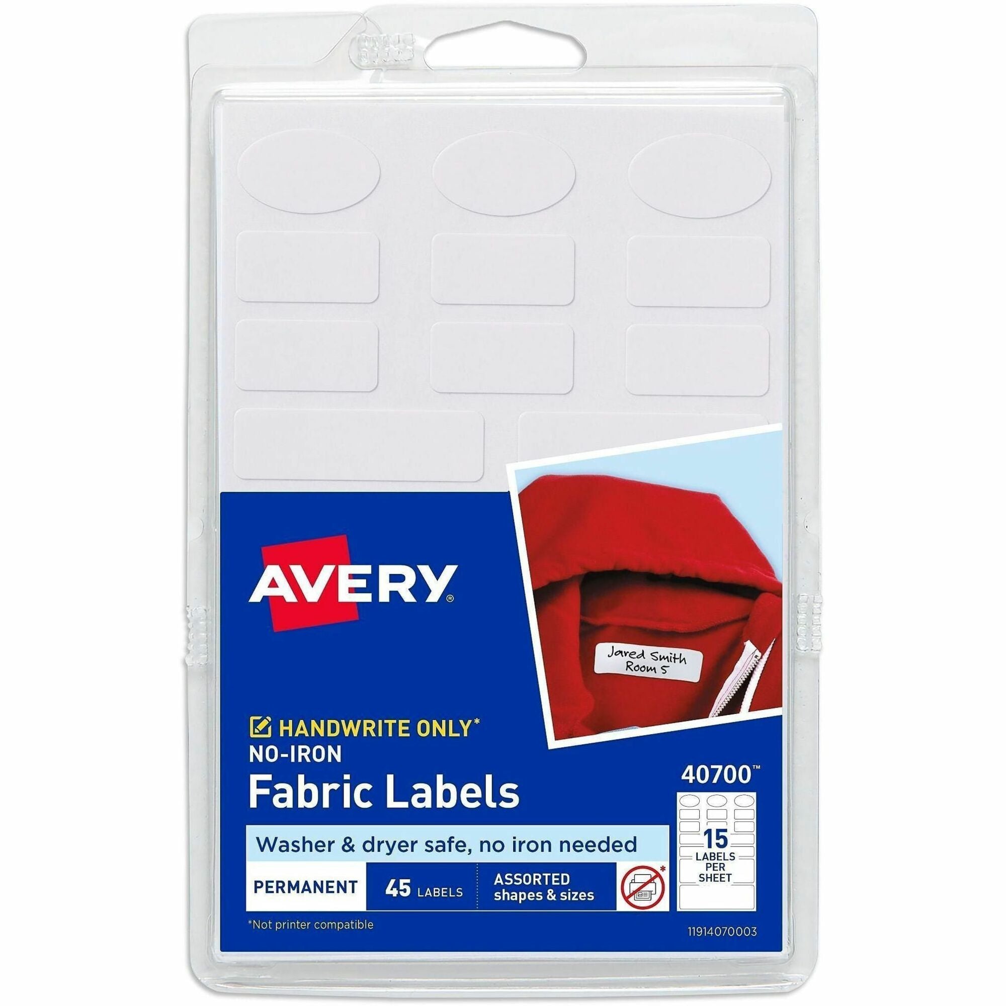 Waterproof - Permanent Adhesive - Assorted - Matte - White - Film - Permanent Adhesive, Durable, Washing Resistant, Dryer Safe, Stick & Stay, Long Lasting - 15 / Sheet - 3 Total Sheets - 45 Total Label(s) - 45/Pack - 1 Carton
