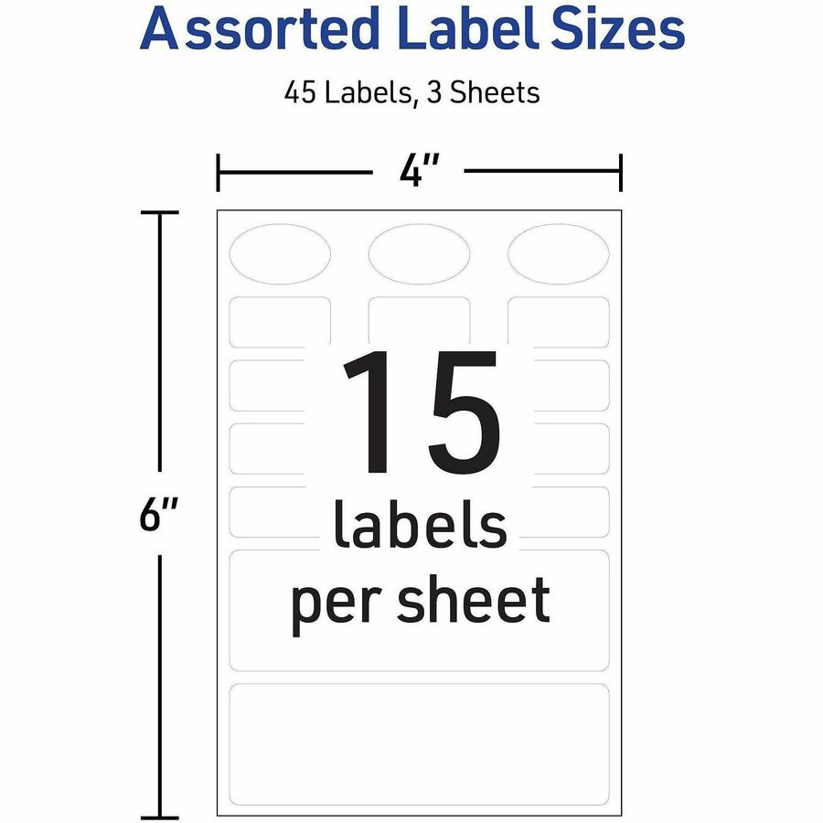 Waterproof - Permanent Adhesive - Assorted - Matte - White - Film - Permanent Adhesive, Durable, Washing Resistant, Dryer Safe, Stick & Stay, Long Lasting - 15 / Sheet - 3 Total Sheets - 45 Total Label(s) - 45/Pack - 1 Carton