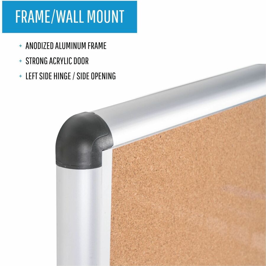 36.60" Board Height x 26.40" Board Width x 0.70" Board Depth - Natural Cork Surface - Magnetic, Resilient, Locking Door, Self-healing - Anodized Aluminum Frame - 38" Height x 28" Width - 1 Each