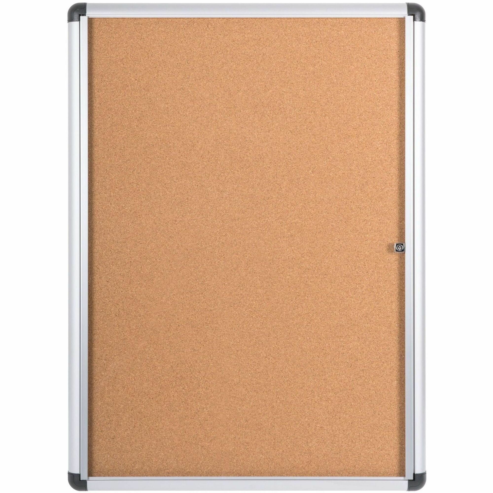 36.60" Board Height x 26.40" Board Width x 0.70" Board Depth - Natural Cork Surface - Magnetic, Resilient, Locking Door, Self-healing - Anodized Aluminum Frame - 38" Height x 28" Width - 1 Each