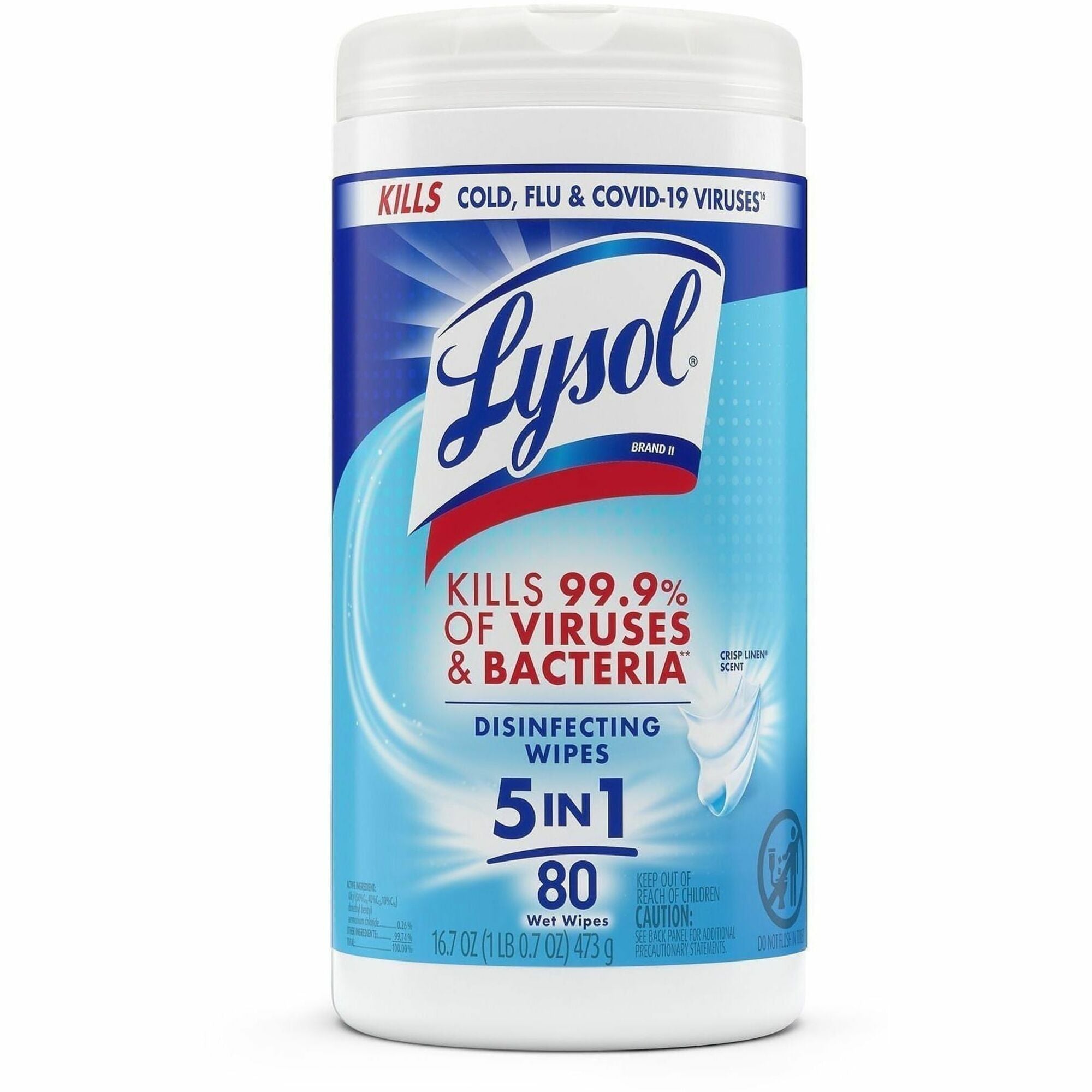 Lysol Disinfecting Wipes, Crisp Linen Scent, 7" x 7.25", White, 80 Wipes per Tub, 1 Tub