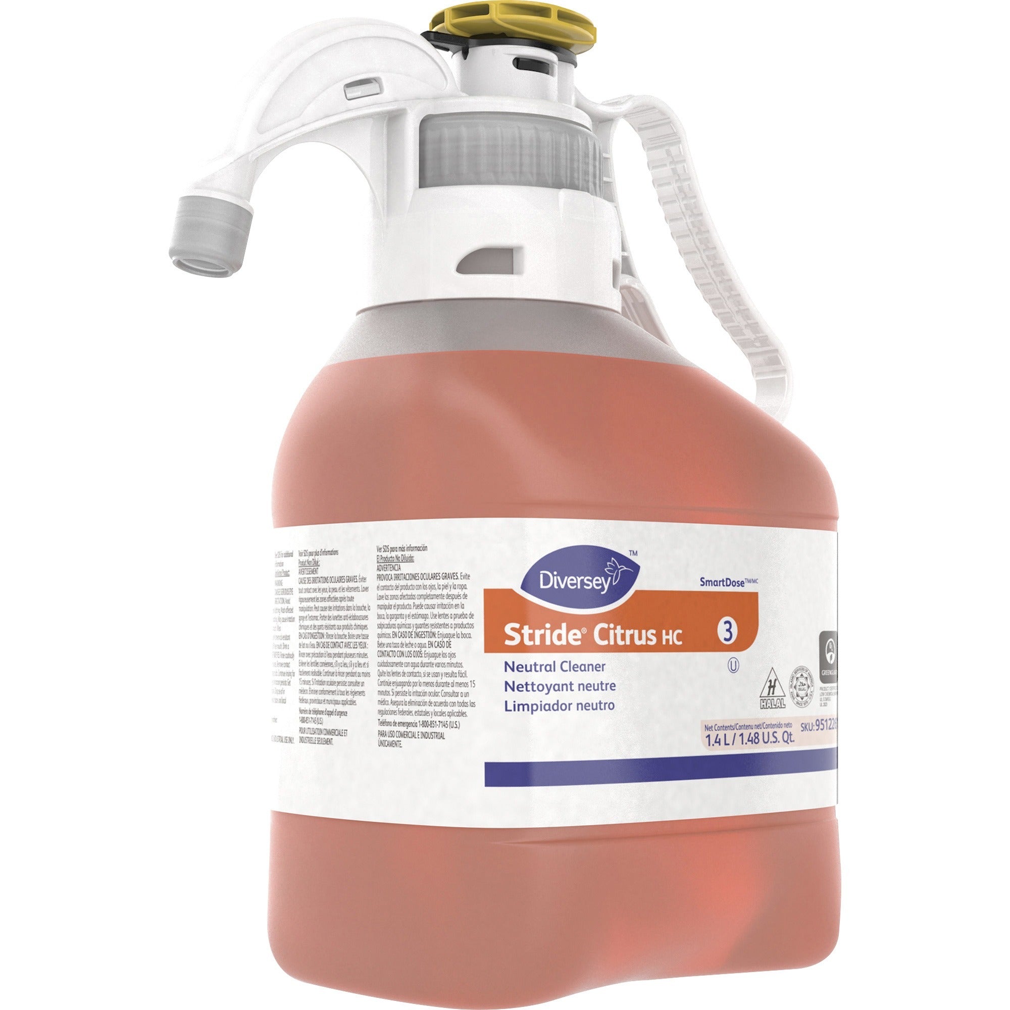 Diversey Stride Citrus HC Neutral Cleaner, Concentrate, 47.3 fl oz (1.5 quart), Citrus Scent, Non Alkaline, Film-free, Phosphate-free, Orange, 1 Each