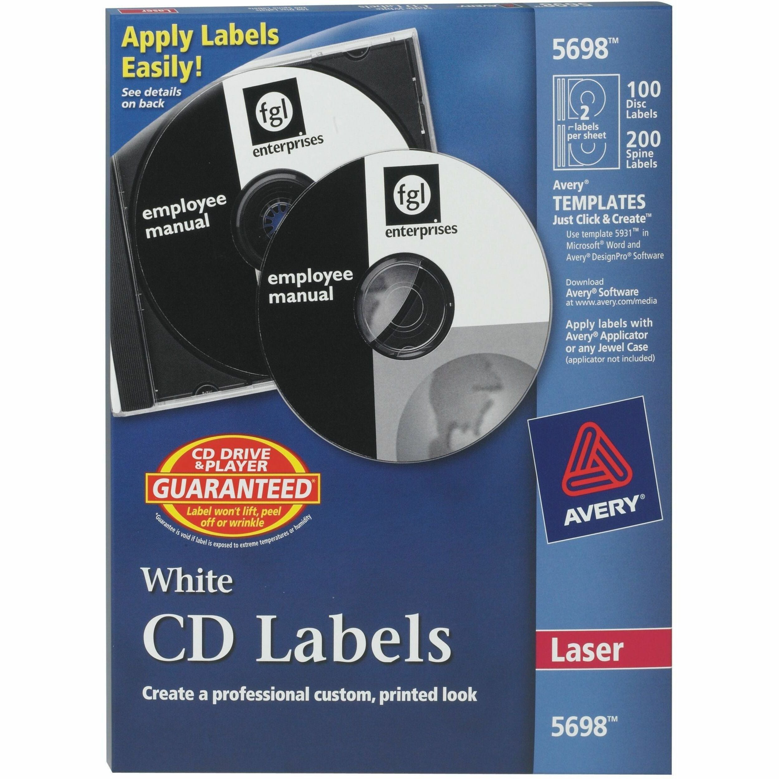 Avery&reg; Optical Disc Label - - HeightPermanent Adhesive - Laser - Matte - Matte White - Paper - Peel-off, Wrinkle-free, Print-to-the Edge, Smear Resistant, Smudge Resistant - 2 / Sheet - 50 Total Sheets - 100 Total Label(s) - 100 / Pack