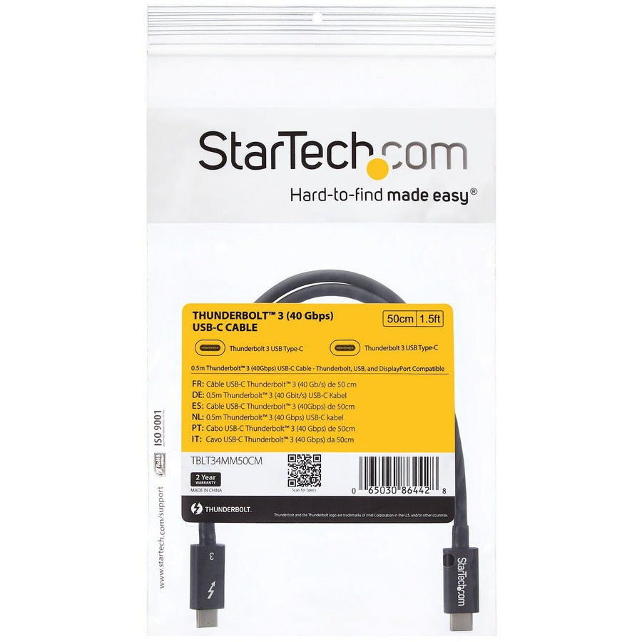 StarTech.com 0.5m Thunderbolt 3 (40Gbps) USB C Cable - Thunderbolt and USB Compatible