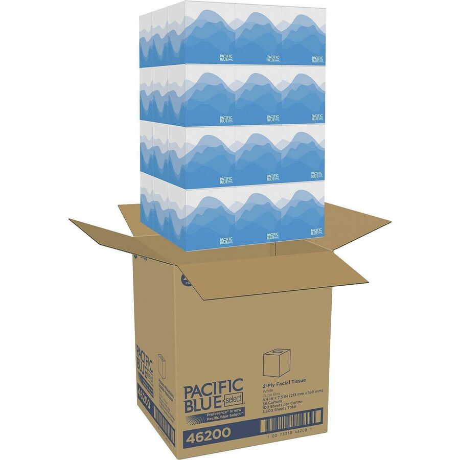 Pacific Blue Select Facial Tissue by GP Pro - Cube Box - 2 Ply - 7.65" Width x 8.85" Length - White - 100/Box - 36 / Carton