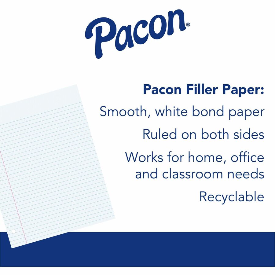 Pacon Wide Ruled Filler Paper - 100 Sheets - Wide Ruled Front Ruling - 0.37" Ruled - Red Margin - 3 Hole(s) - 8" x 10 1/2" Sheet Size - White Paper - Smooth, Punched - 1 Pack