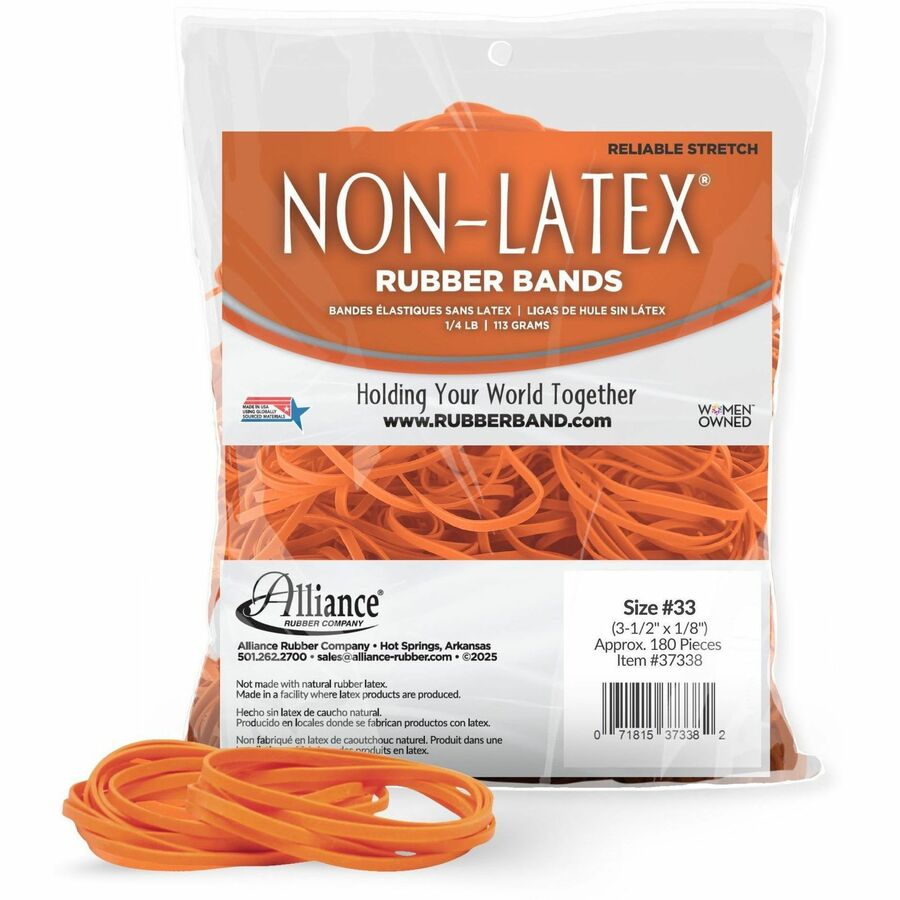 Alliance Rubber Bands, Size #33, 3.5" Length x 0.1" Width, Latex-Free, Stretchable, Synthetic Rubber/Poly, Orange, 1 Bag